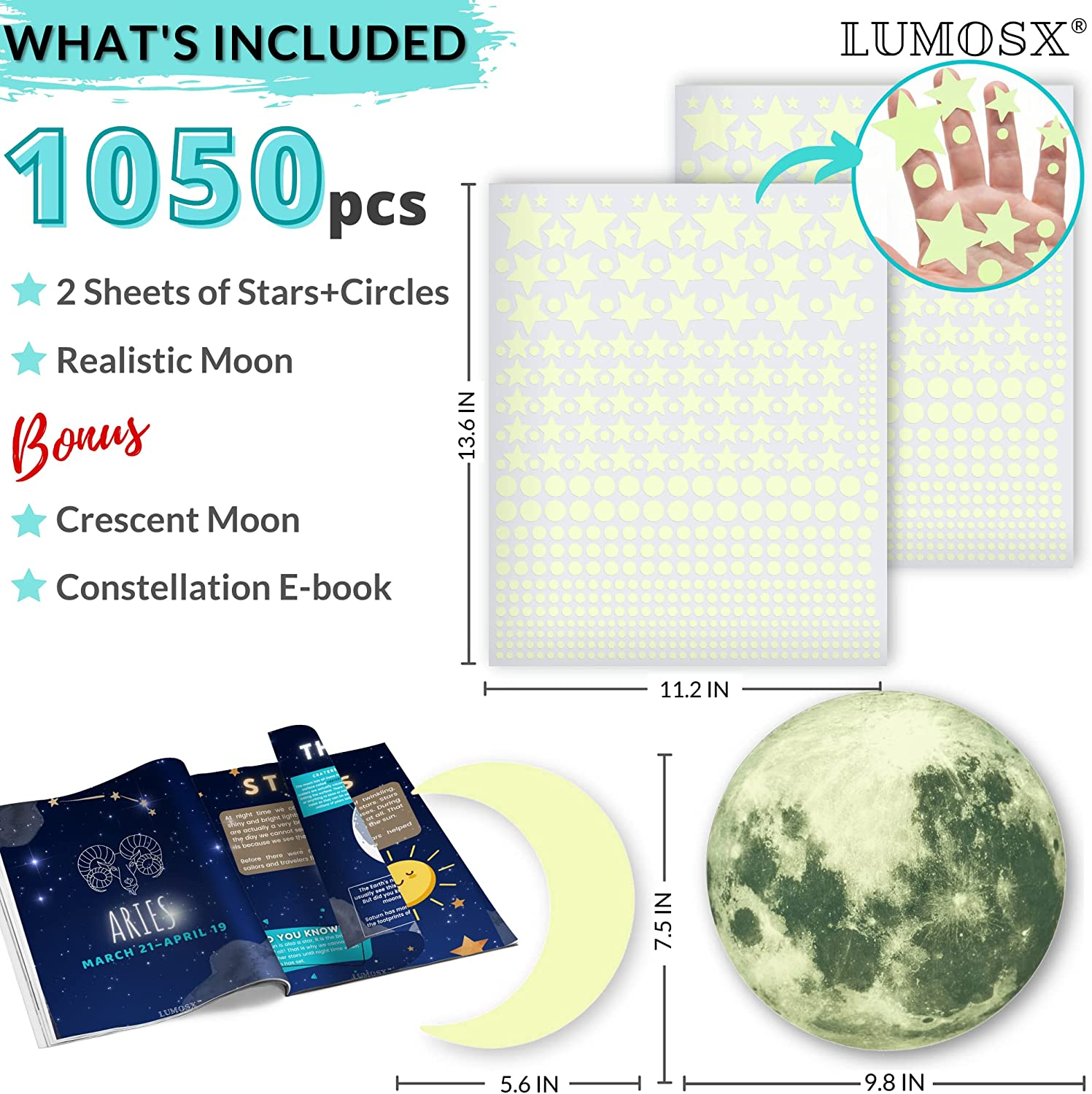 LUMOSX Glow in the Dark Stars for Ceiling Decor 1050Pcs Wbonus Moons and Constellation Ebook | Glow in the Dark Stickers of Ceiling Stars, Glowing Star Decal Decoration, Star Ceiling for Kids