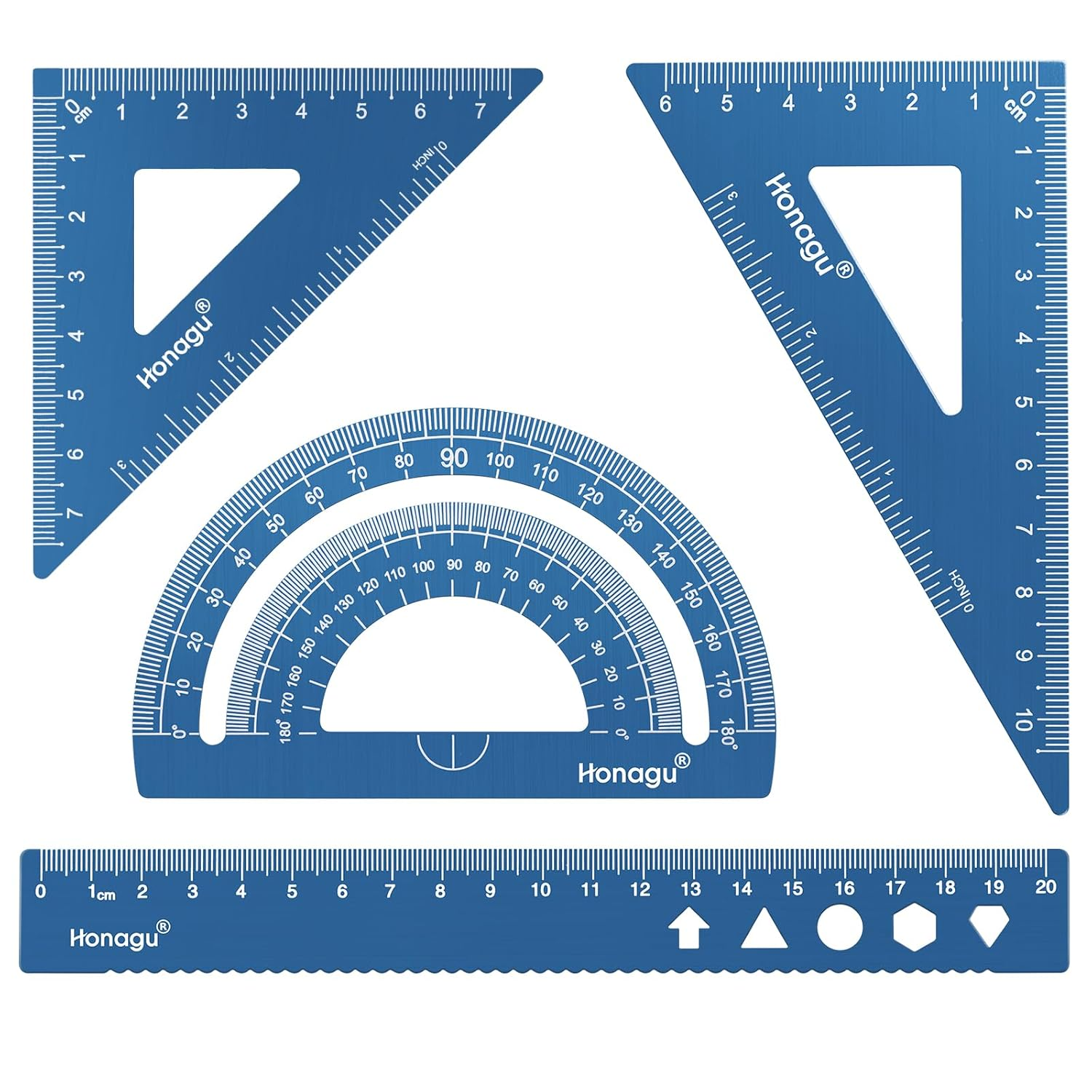 Honagu Triangular Ruler Set, 4 Pieces Aluminum Alloy Ruler, Metal Drafting Ruler, Geometric Protractor for Student,Draftsman, Engineers, Home School Office Supplies(20Cm/7.87Inch, Black)