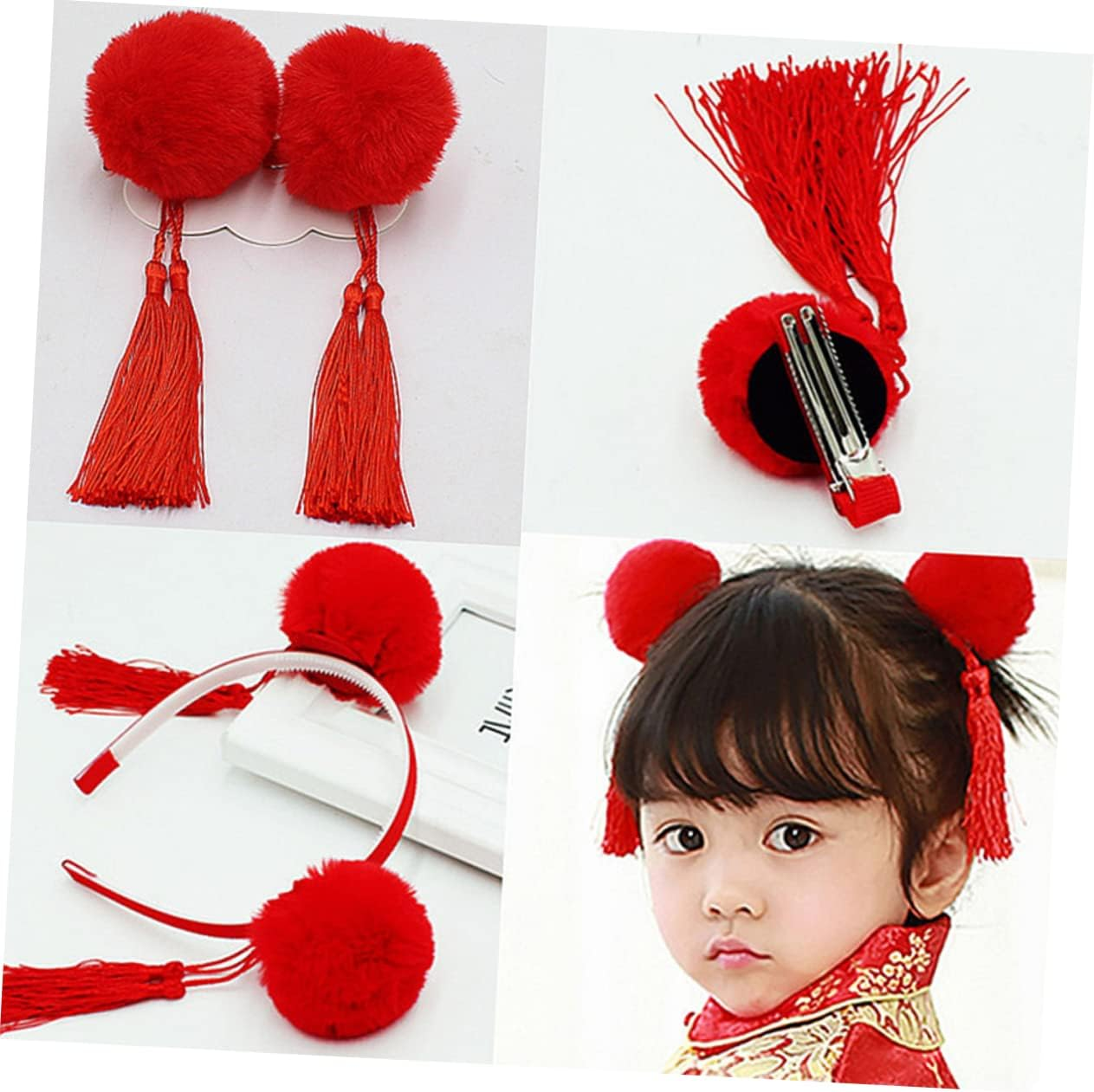 Beavorty Tassel Headband Hair Clips Hair Accessories 3Pcs Chinese Style Festive Spring Festival New Year Set for Children Photo Props Headwear image number 1