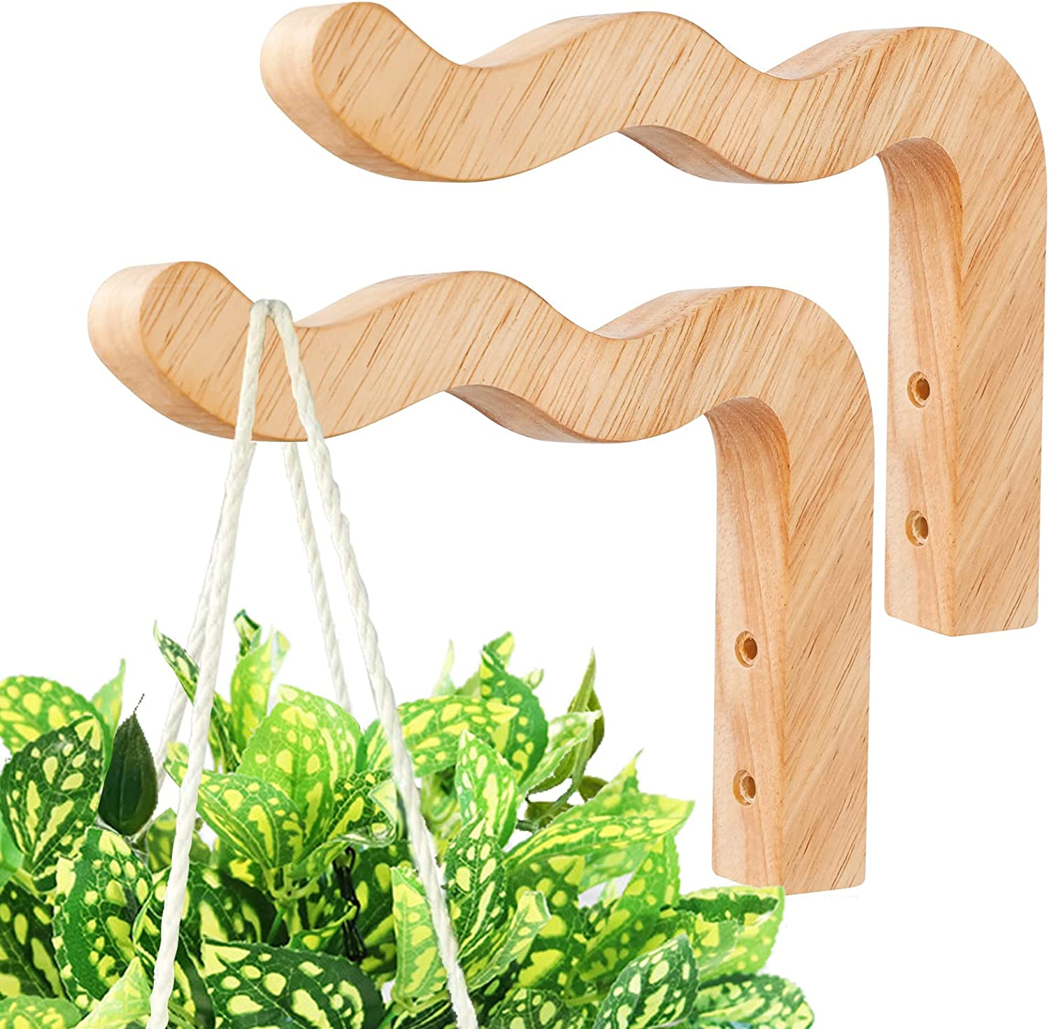 FGSAEOR Plant Hangers Outdoor, Hanging Plant Hooks for Indoors, Wave-Shaped Wooden Hanging Baskets for Wall Plant Hooks Heavy Duty for Flower Pots Wind Chimes and Bird Feeders (2-Pack, 6.8-Inch) image number 6