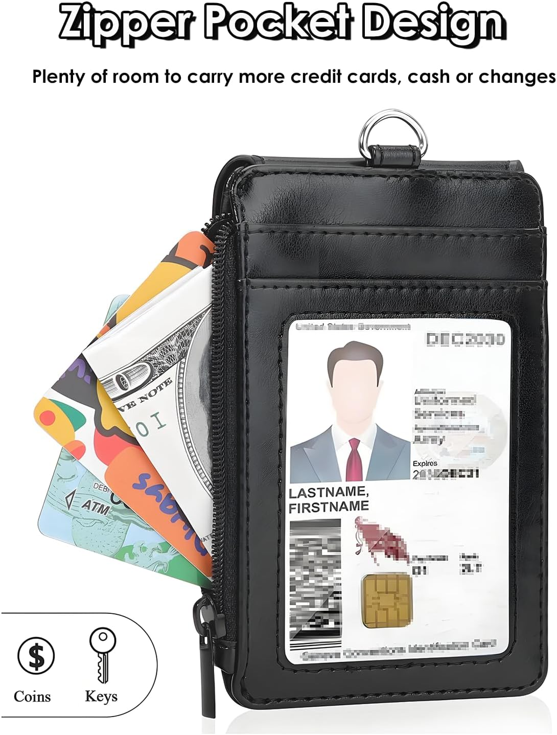 Teskyer Badge Holder with Side Zip Pocket, Multiple Card Slots Leather ID Holder Wallet with Neck Lanyard for Office Staffs, Teachers/Students, Couriers, Workers