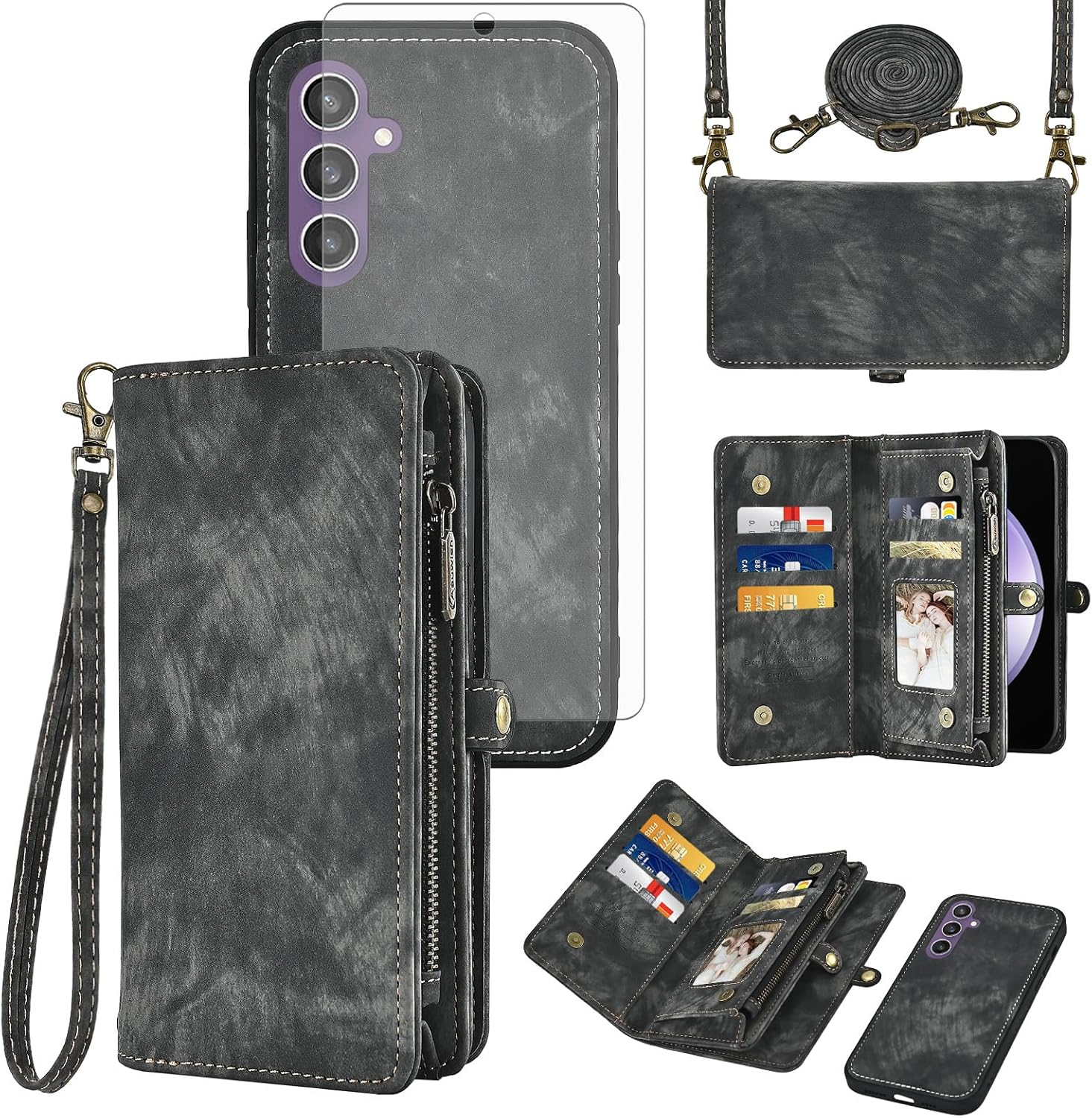 Asuwish Mobile Phone Case for Samsung Galaxy S23 FE 5G Case with Strap Film Protective Film Card Slot Foldable Leather Flowers Wallet Stand S 23 S23FE 23FE Cases Protective Tempered Glass Screen