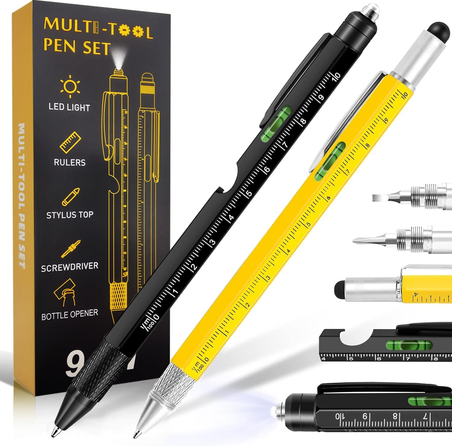 Multitool Pen 2-Pack - Multi-Tool Pens with LED Light, Flathead & Phillips Screwdrivers, Level, Ruler, Bottle Opener, and Stylus. Gift-Ready Box with Ink Refills & Batteries. Great for EDC image number 6