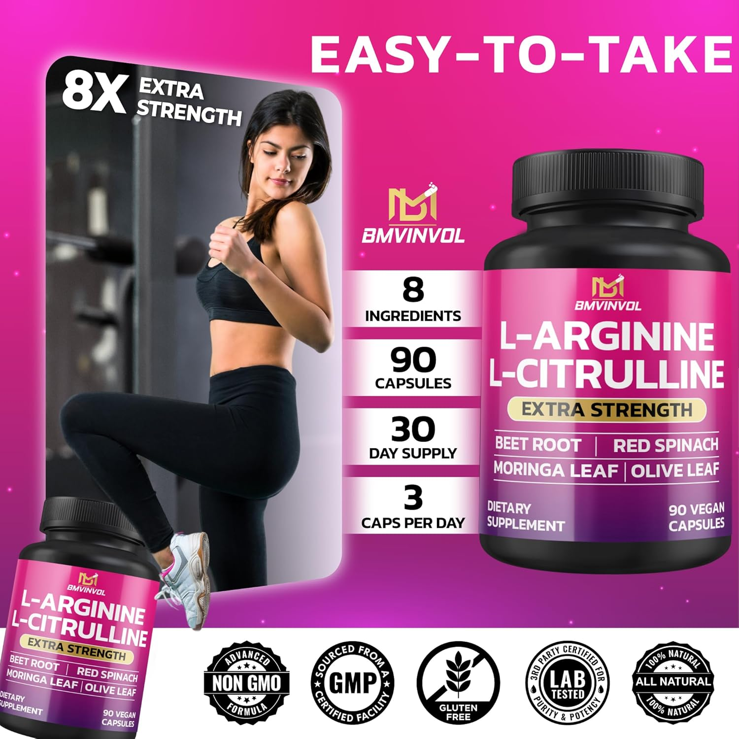 L Arginine L Citrulline Supplement plus Beet Root, Moringa, Olive, Red Spinach (30:1 Extract) for Support Energy Levels - 90 Capsules image number 4