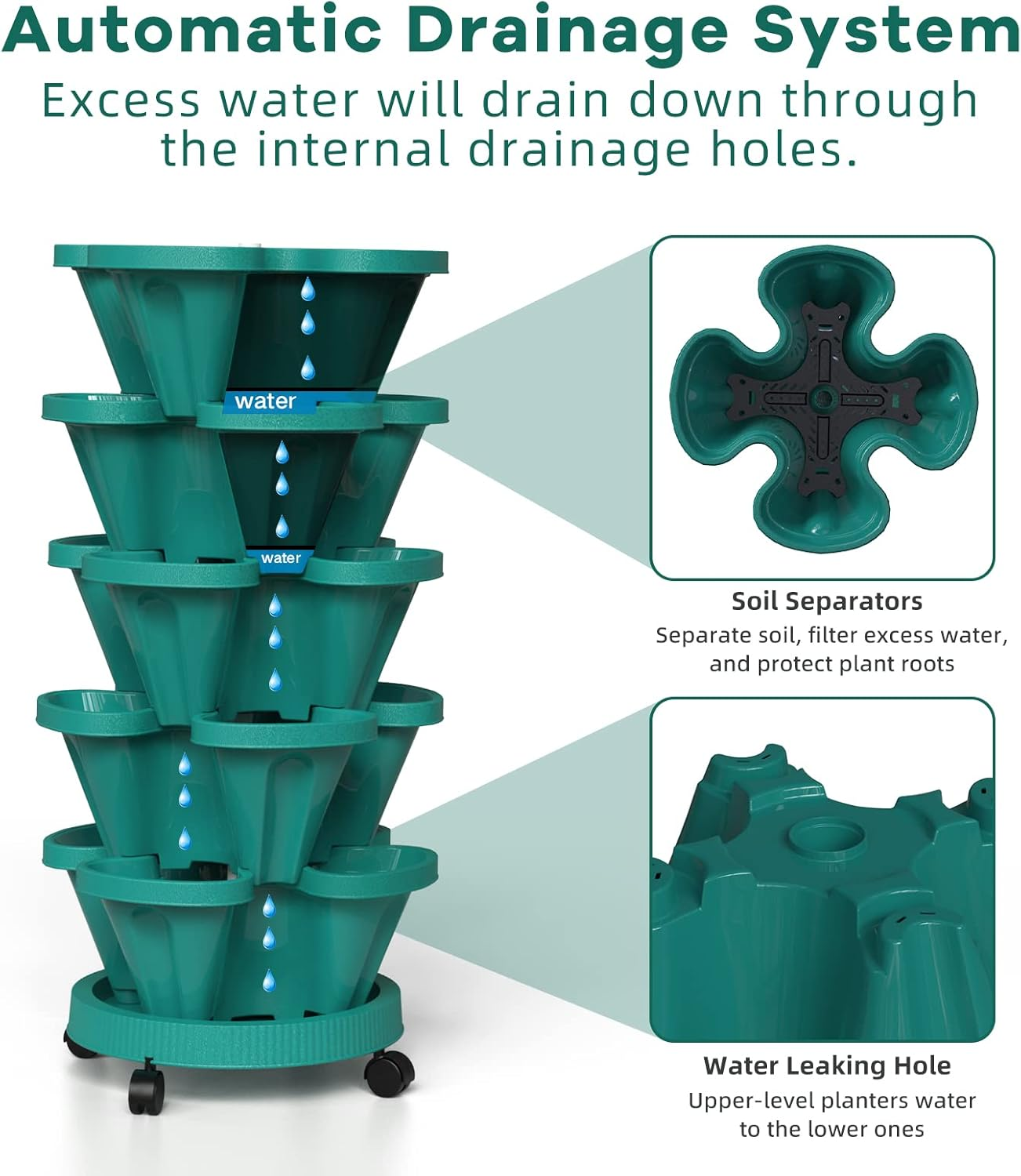 Strawberry Stacking Planters, Vertical Garden Tower, 3 Tiered Stackable Herb Vegetable Planters with Movable Casters and Bottom Saucer Indoor and Outdoor - Hunter Green image number 2