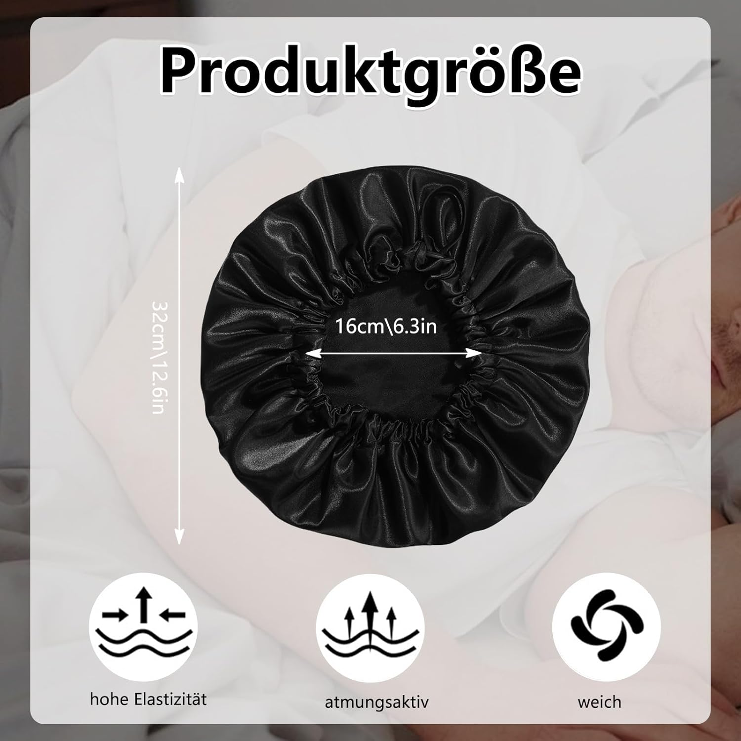 VZU Satin Bonnet Sleep Cap for Men, Breathable Adjustable Silk Night Hat with Elastic Band - Protects against Frizz and Hair Damage, Silk Sleep Cap for Men (Black) image number 5