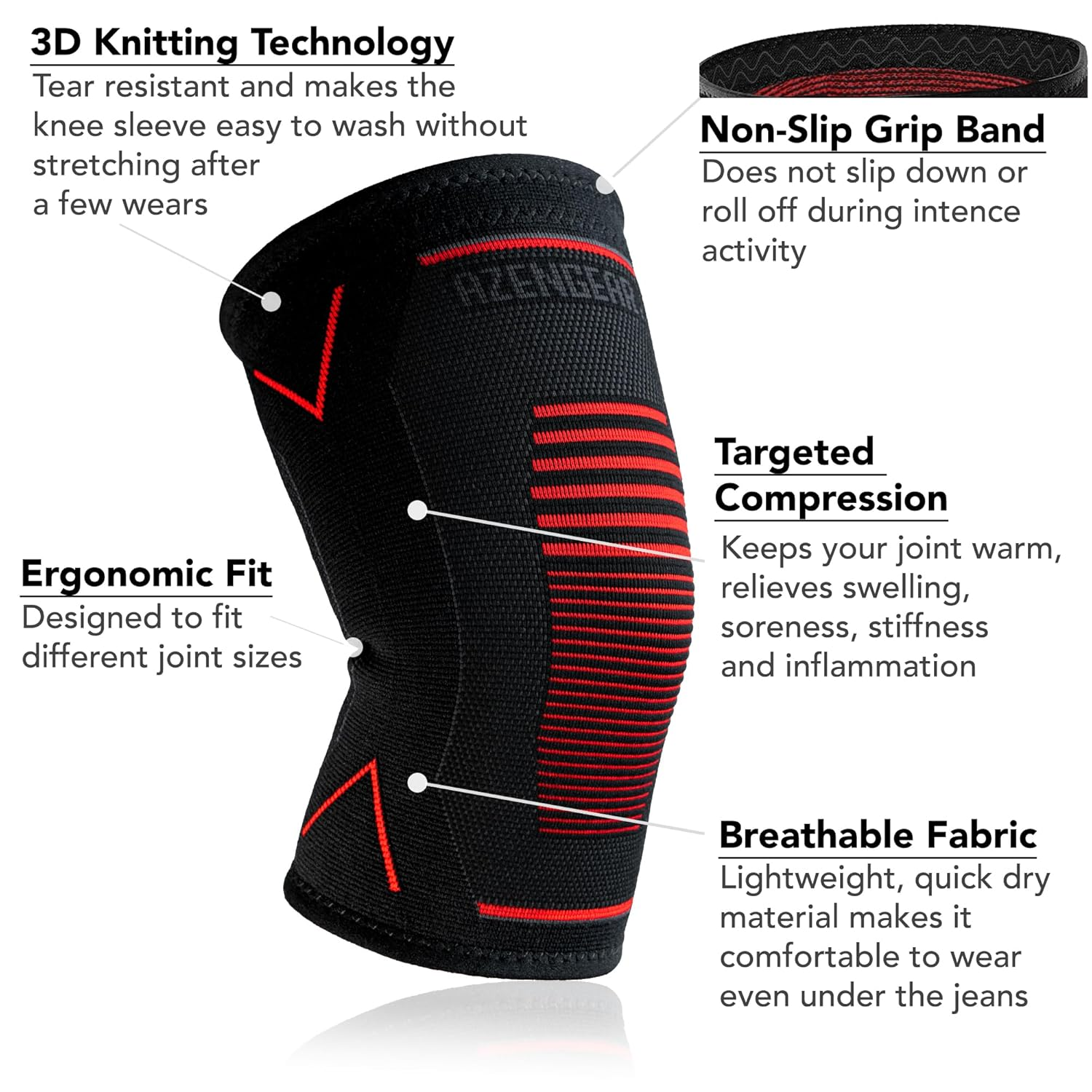 Azengear Knee Support Brace (Pair) - Compression Knee Sleeve for Joint Pain, Ligament Injury, Meniscus Tear, Arthritis, ACL, MCL, Running, Weightlifting, Squats (M) image number 1