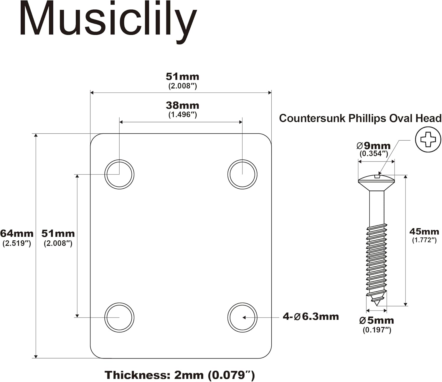 Musiclily Metal Neck Plate with Screws for Fender Strat Tele Style Electric Guitar or Bass,Black image number 1