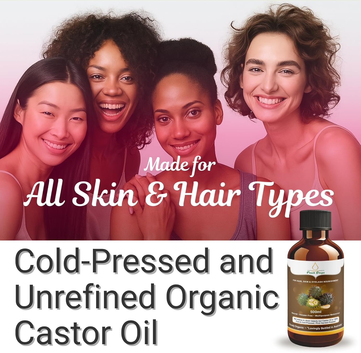 Fresh Drops - Organic Castor Oil 500Ml, Pure Cold Pressed, Hexane Free- Stimulate Growth for Eyelashes, Eyebrows, and Hair, Smooth Face, and Skin,Eyelashes Serum | Free 30 Ml Castor Oil Sample Glass Bottle,Eyebrow Brush Included. image number 6
