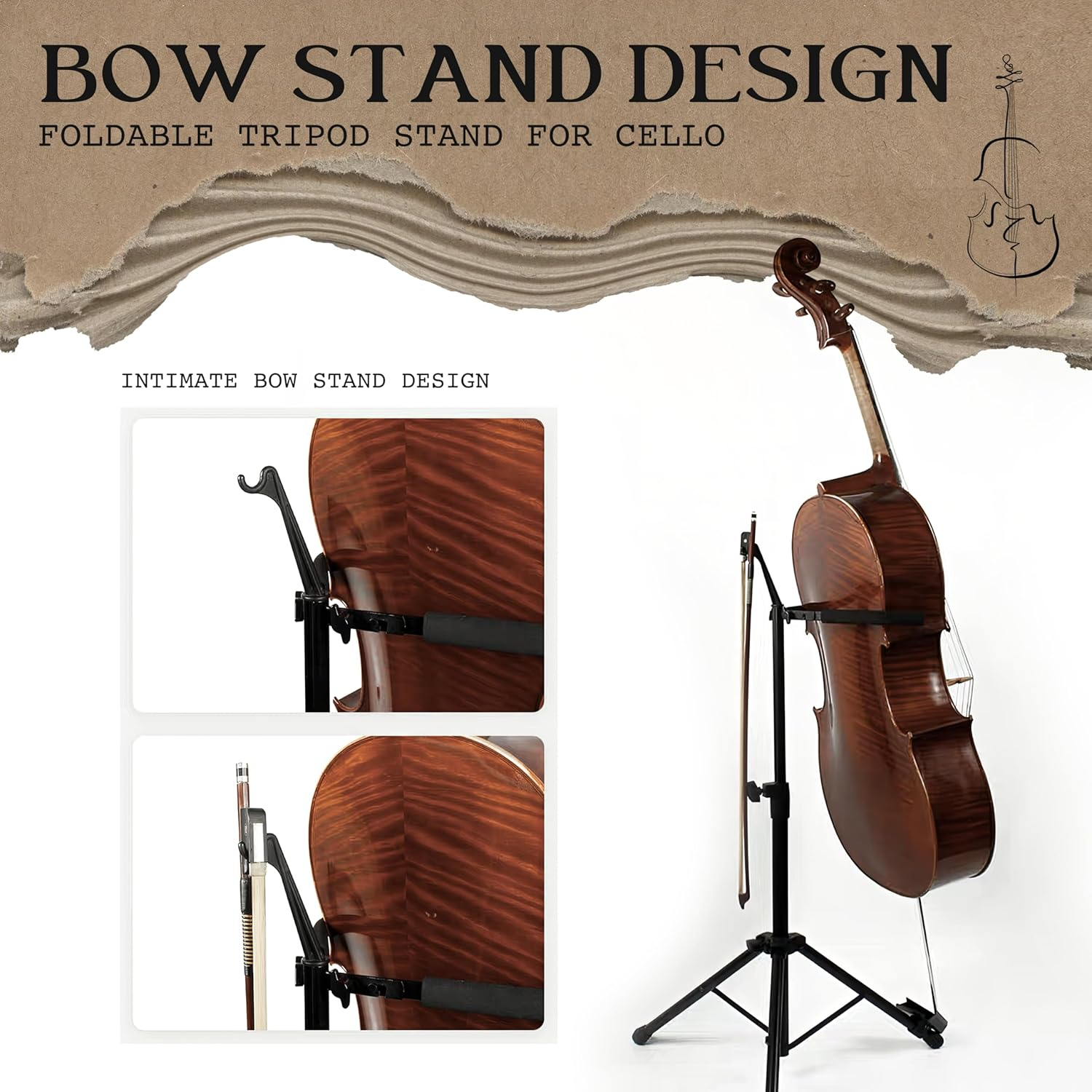 WHELPAW Adjustable Cello Stand with Bow Holder - Secure & Sturdy Support for All Cello Sizes - Easy Fold Design - Premium Materials & Non-Slip Feet image number 5