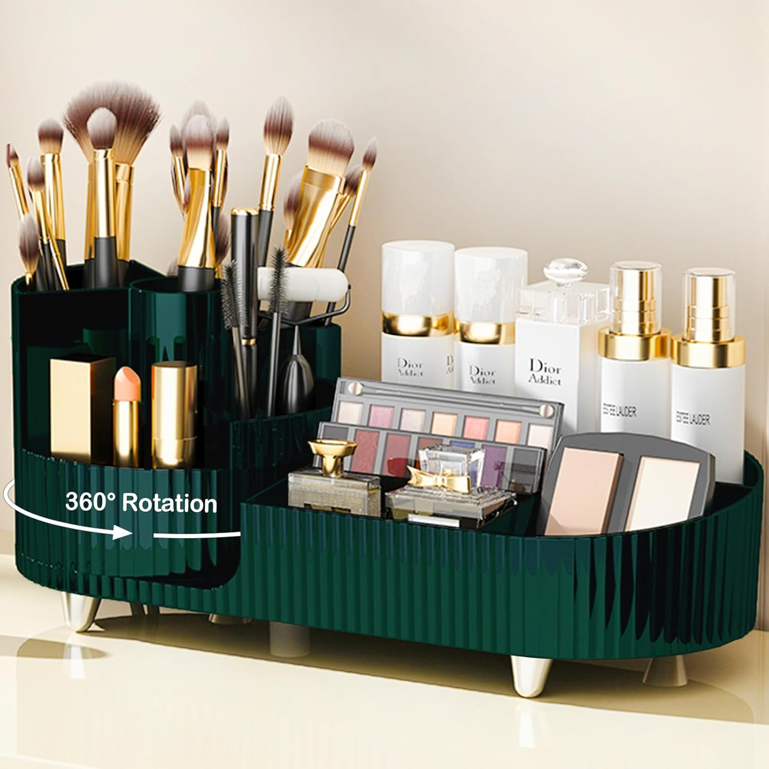 Pink Rotating Vanity Organizer with Brush Holder - Large Spinning Cosmetic Storage, Countertop Makeup & Skincare Organizer, Perfume & Lotions Display Case