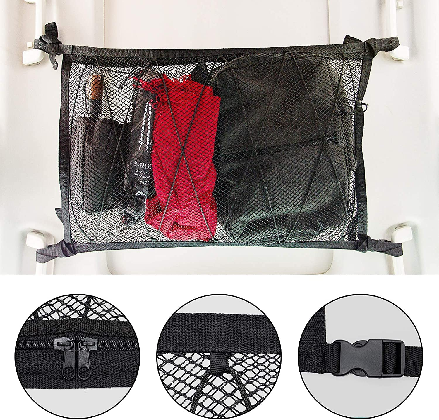 Car Ceiling Cargo Net Pocket, 90Cmx65Cm Adjustable Double-Layer Mesh SUV Roof Organizer Long Trip Storage Bag, Tent Putting Quilt Children'S Toy Towel Sundries Interior Accessories image number 3
