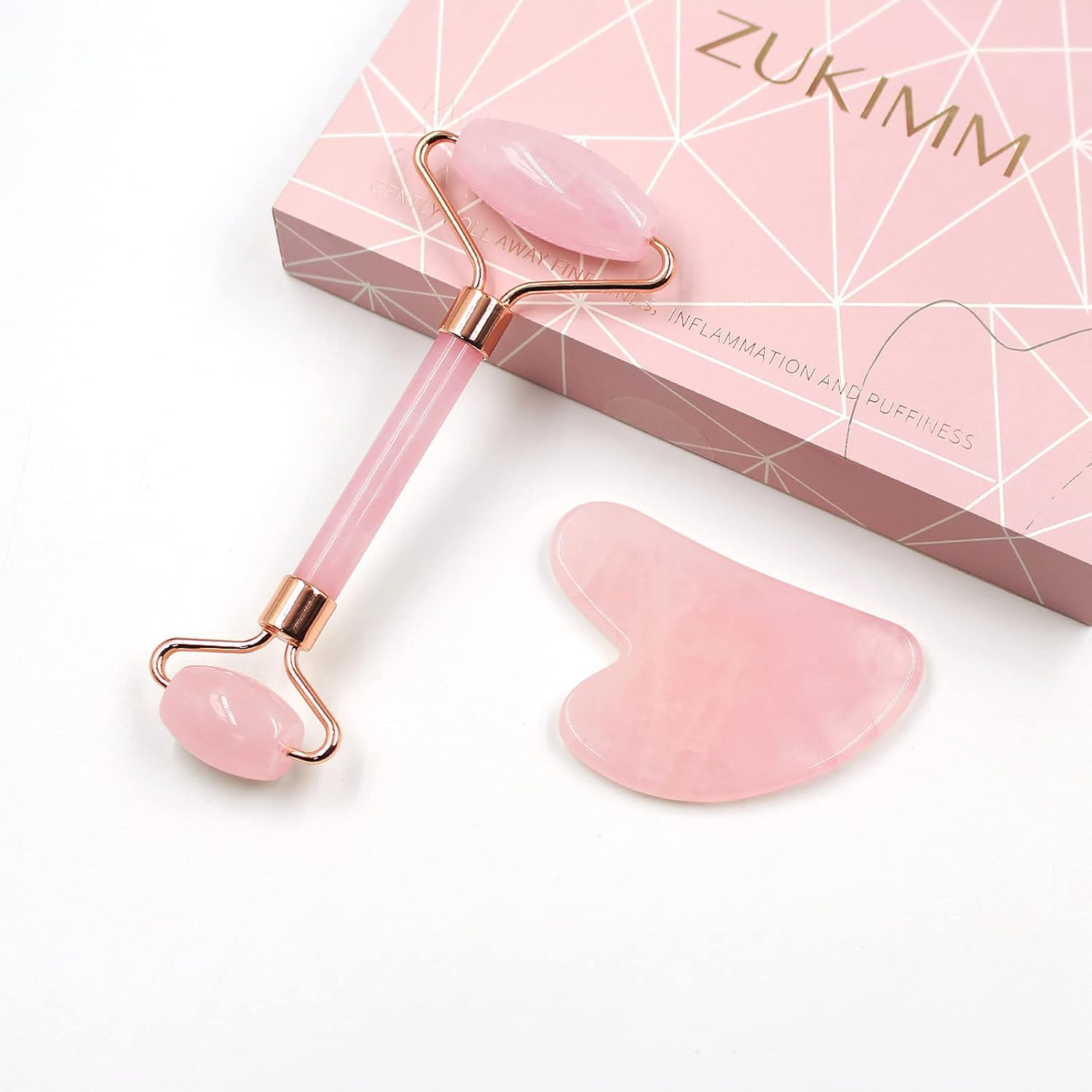 ZUKIMM Rose Quartz Face Roller, Gua Sha Facial Tools, Natural Beauty Skin Care and Sculpting Set, Facial Maasage to Reduce Puffiness and Improve Wrinkles for Neck & Eyes - Pink