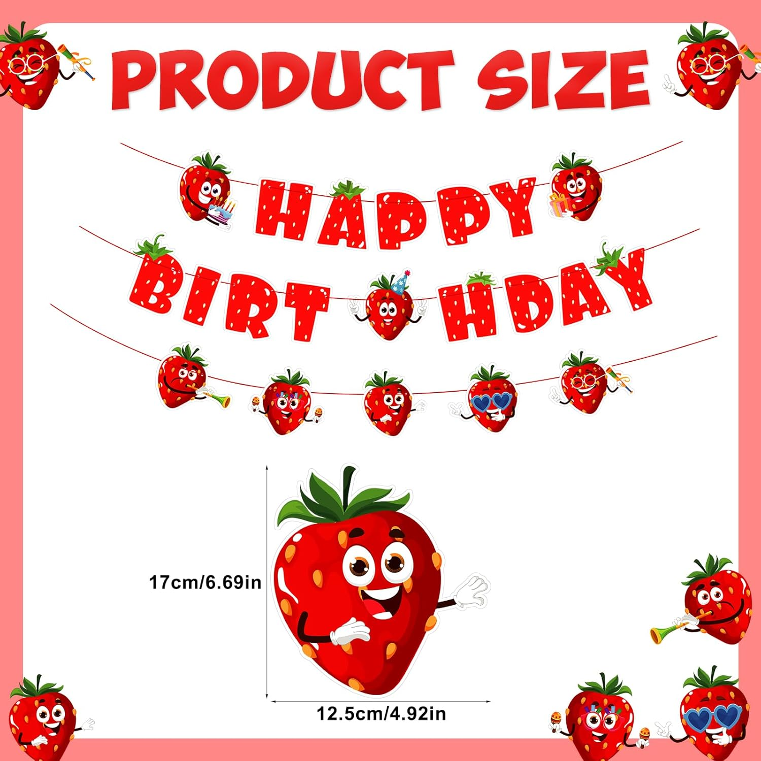 Strawberry Happy Birthday Banner, Red Strawberry Themed Party Banner Reliable Strawberry Hanging Banner Happy Birthday Backdrop for Sweet Girls Party Decoration Supplies image number 3