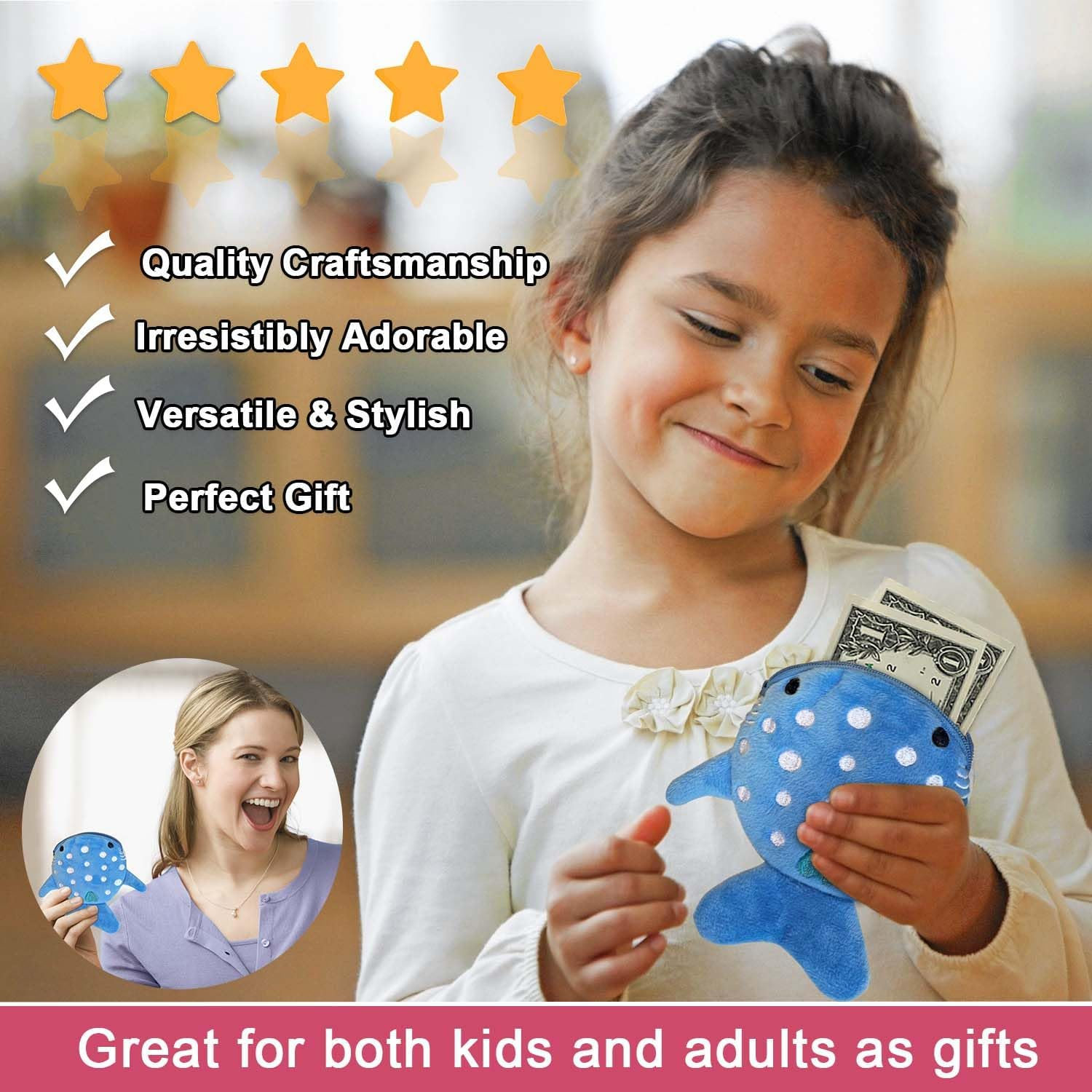 Krinisou Cute Whale Shark Coin Purse Pouch, Small Kawaii Funny Animal Plush Change Purse with Zipper for Kids Girls, 2 Whale Sharks, Cartoon image number 5