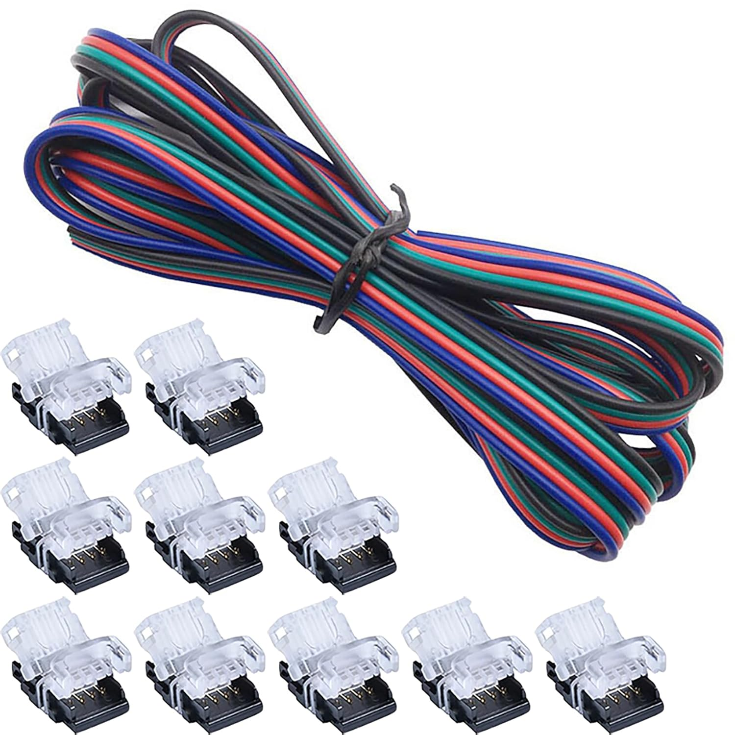 Tunghey 10 Pack 4 Pin LED Connector for Waterproof 10Mm RGB 5050 LED Strip Lights, Strip to Wire Quick Connection without Stripping, Include 5M 22 Gauge 4 Conductor Extension Cable