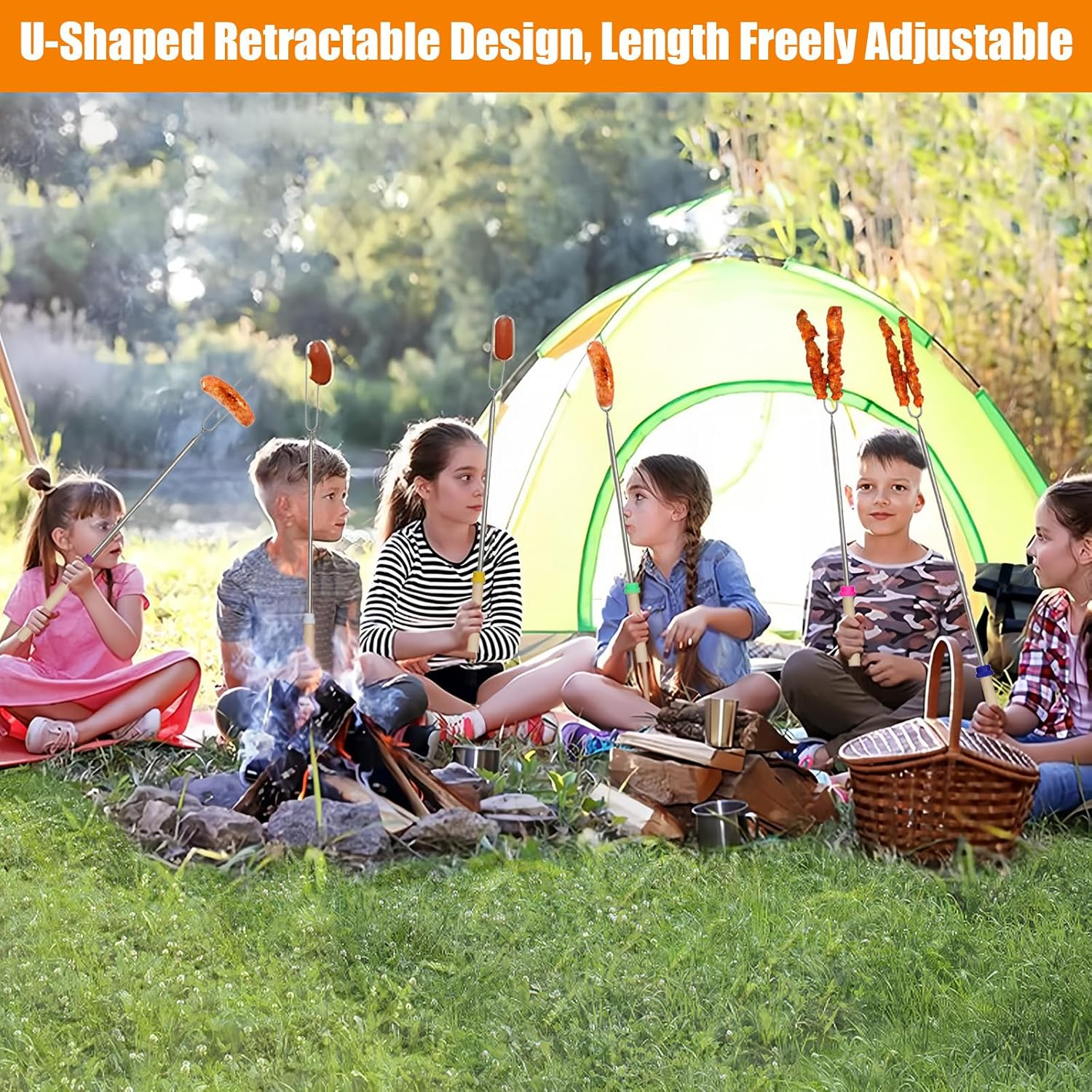 12 Pack U-Shape Marshmallow Toasting Kit, Extendable Stainless Steel Roasting Sticks with Canvas Pouch, Wooden Handle Hot Dog Skewers Toasting Fork for Camping, Picnic, Fire Pit, BBQ, Campfire Party image number 1
