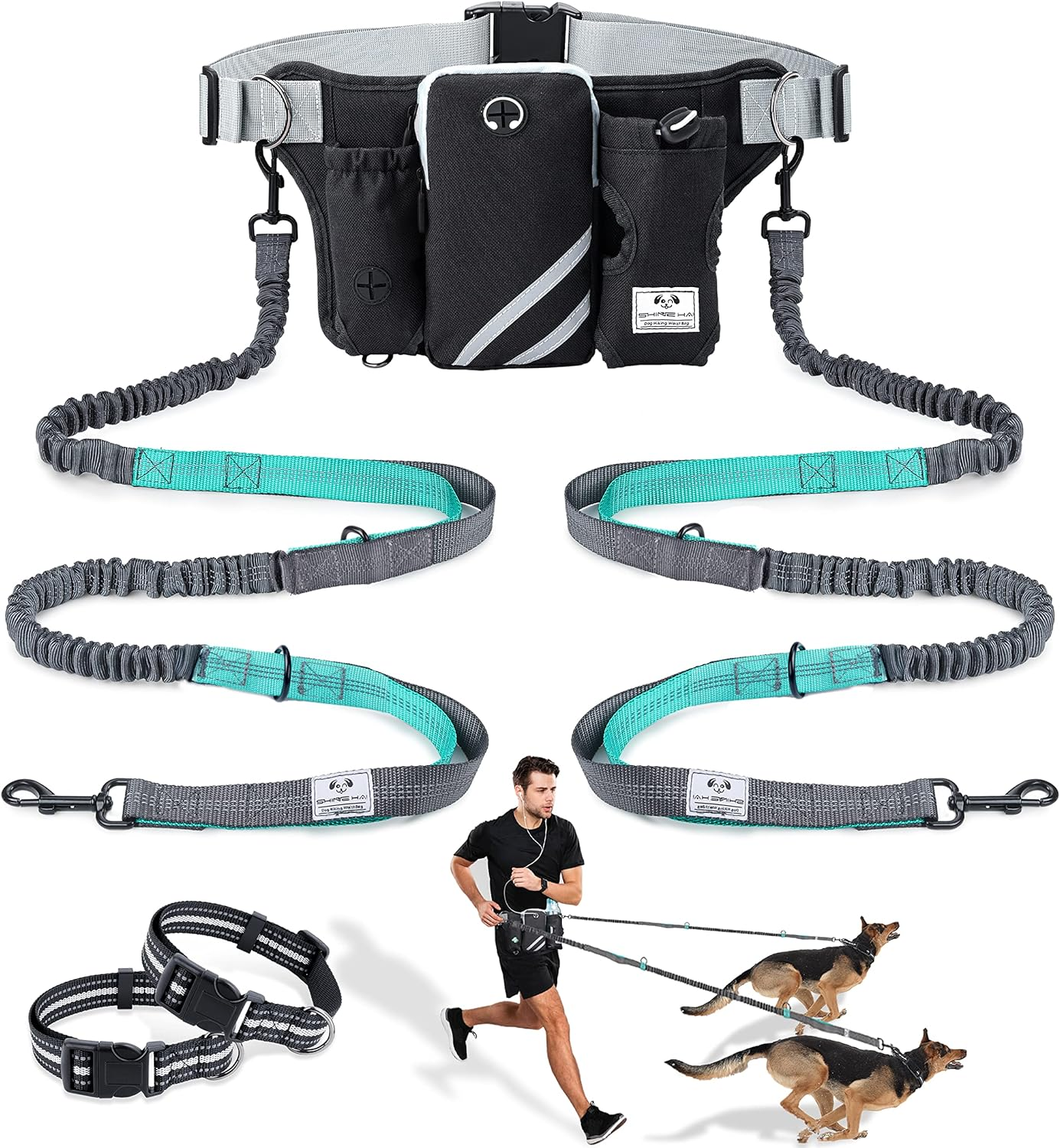 Shine HAI Retractable Hands Free Dog Leash with Dual Bungees for 2 Dogs, Adjustable Waist Belt, Reflective Stitching Leash for Running Walking Hiking Jogging Biking Black - Green MA-US22-DL