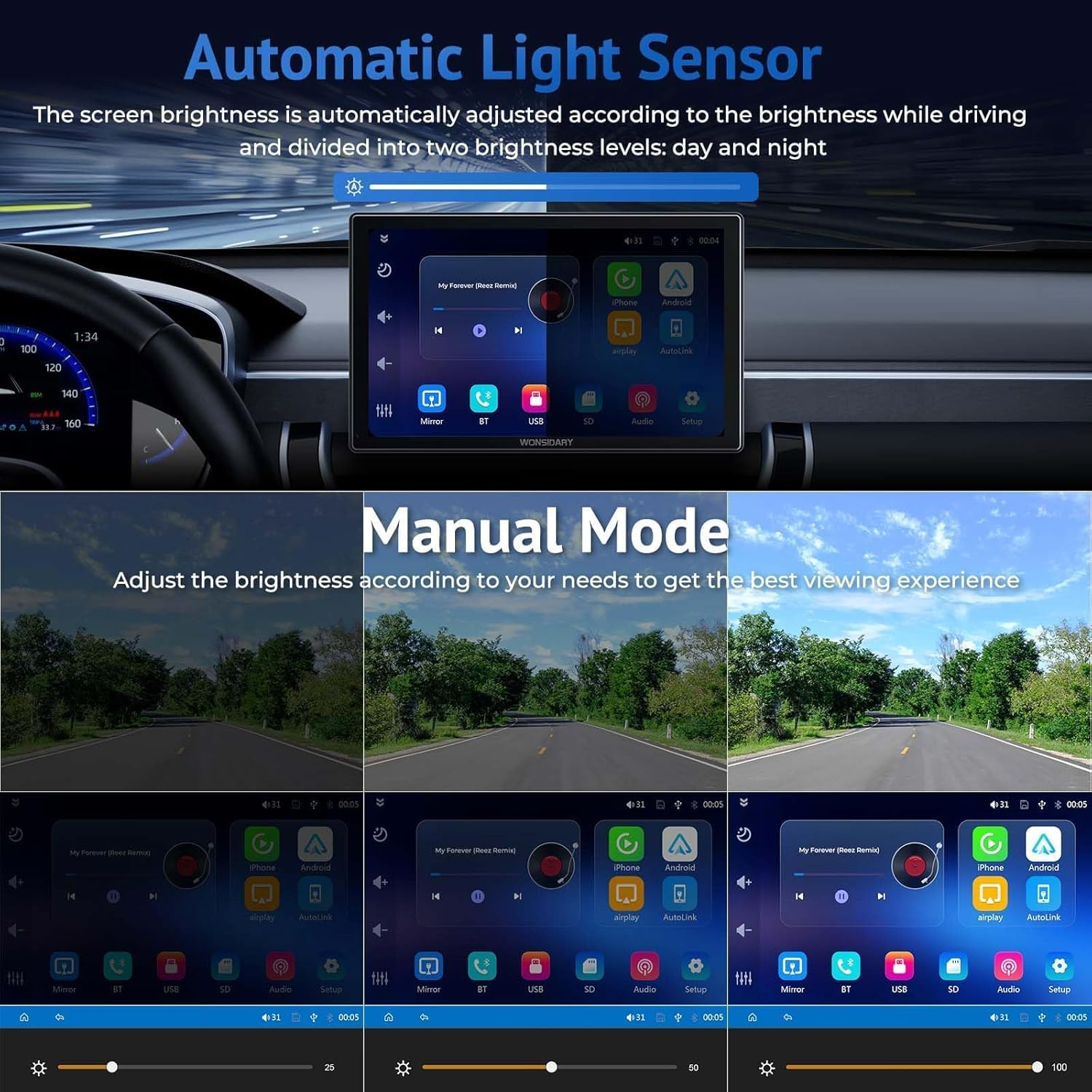 Wonsidary 9" Carplay Screen for Car,Wireless/Wired Apple Carplay,Android Auto and Mirror Link,Ips Touch Screen Portable Car Stereo with Light Sensitive,Bluetooth Audio,Siri,Navigation for All Vehicles image number 3