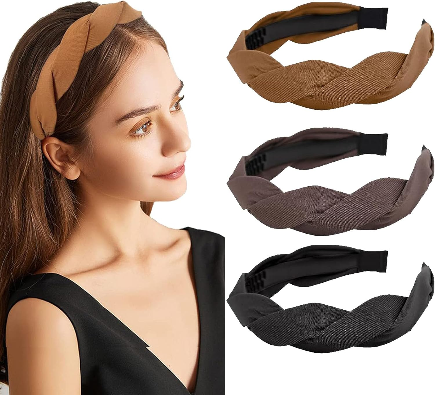 Rabbfit 3 Pieces Fashion Solid Headbands Wide Braided Headband Fabric Hair Bands with Tooth 3Cm Full Colors Weave for Women and Girls 3 Colors image number 1