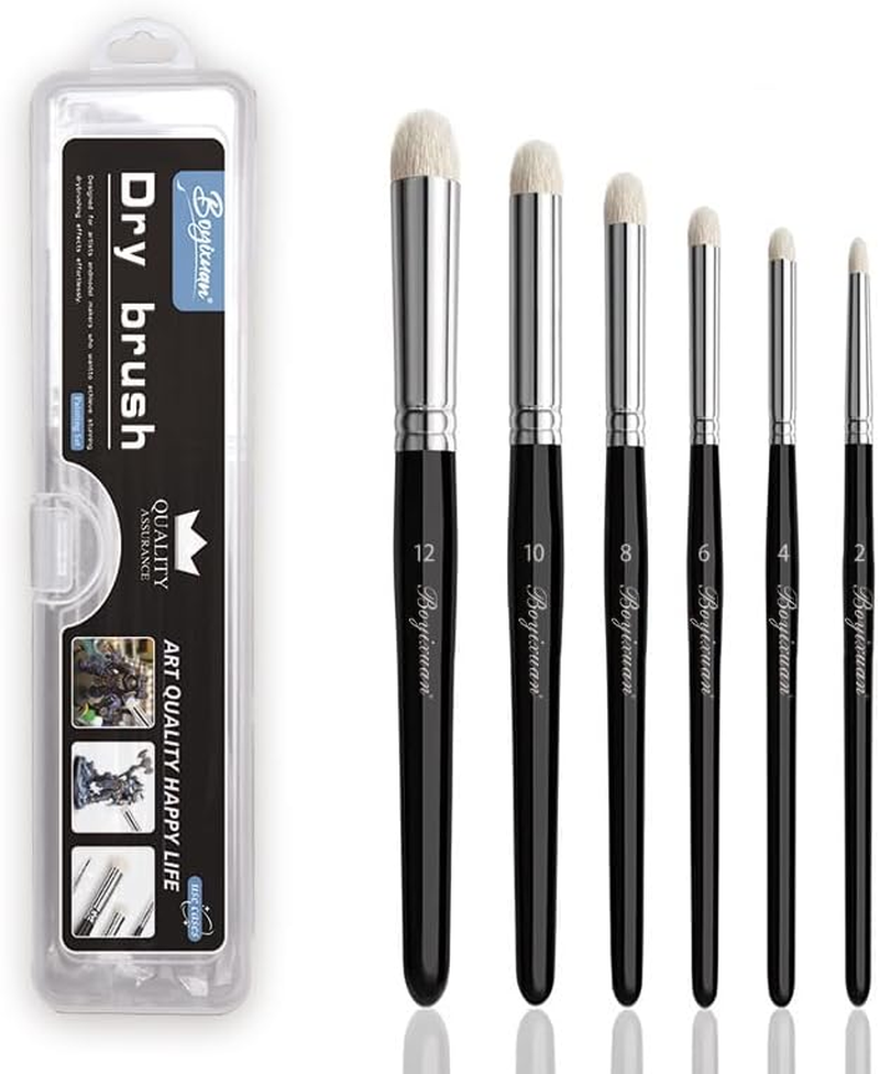 Professional Dry Brush Set for Miniature Painting - 6 Sizes Goat Hair Art Brushes for Acrylic, Oil & Watercolor - Perfect for Tabletop, Wargames, Citadel & Model Detailing