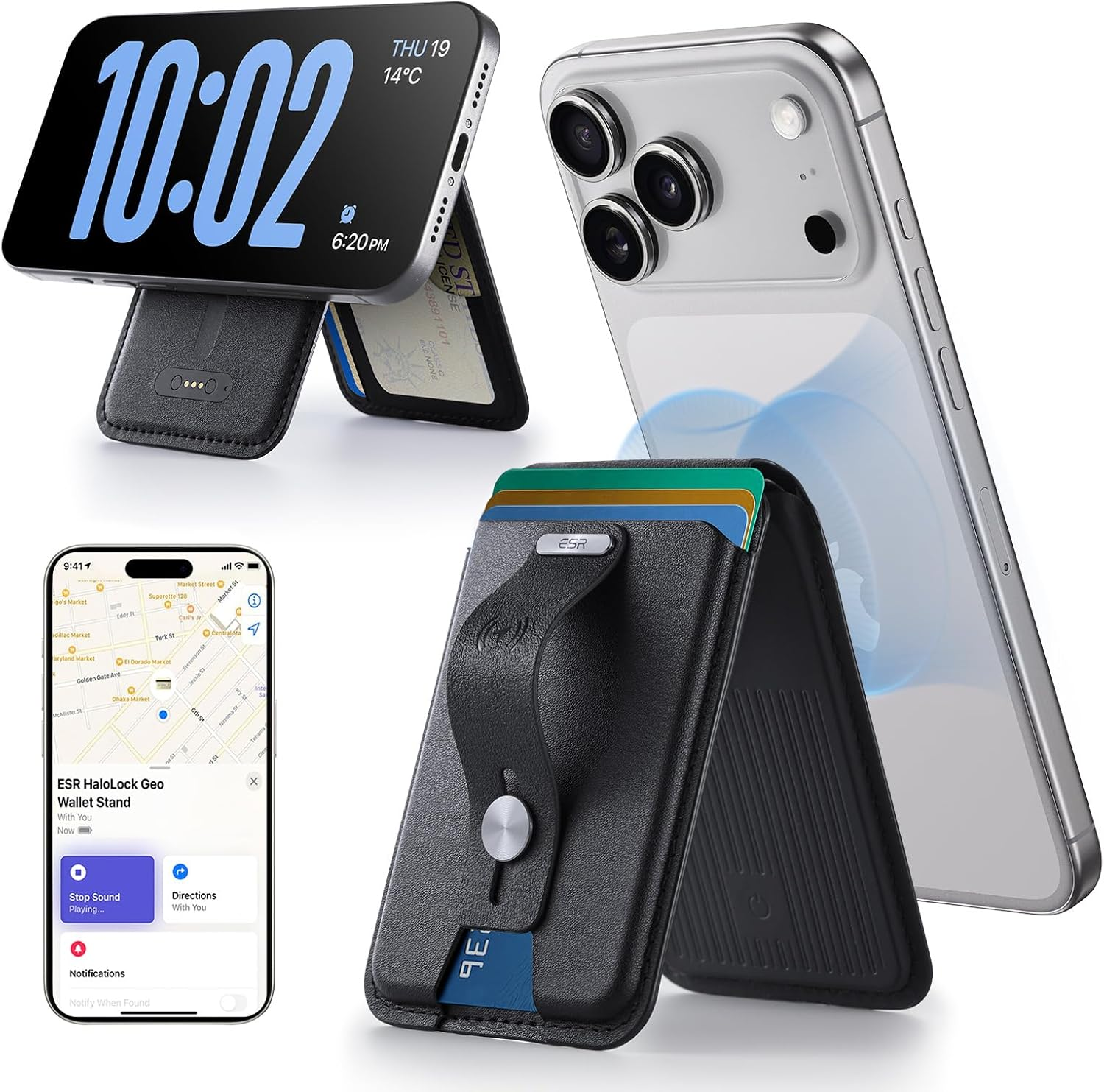 ESR Geo for Magsafe Wallet with Full Find My Functionality,5 Card-Holder, RFID Blocking, Magnetic Wallet for Iphone 17/16/15/14/13/12 Series,With Adjustable Stand, Black