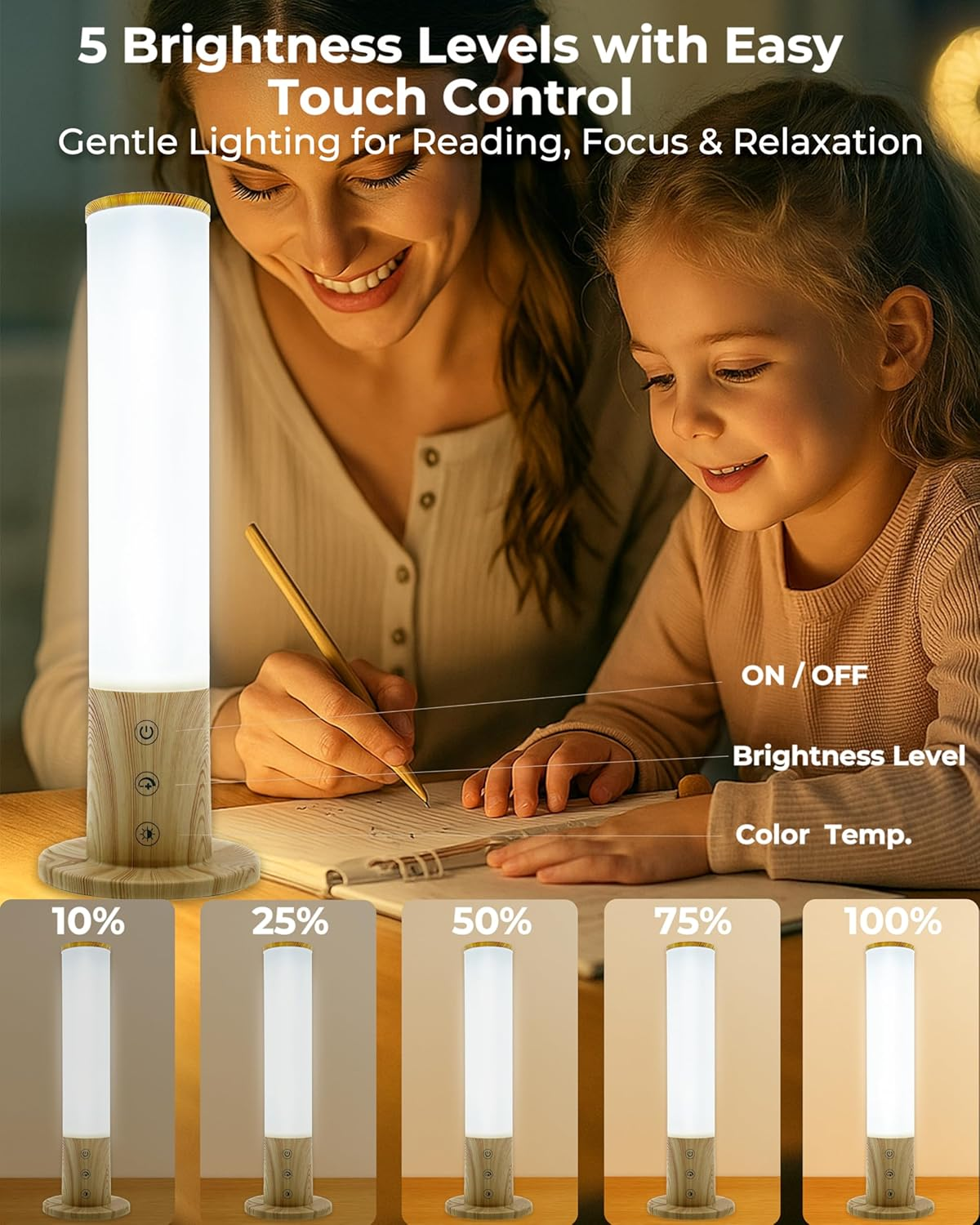 360&deg; SAD Lamp, Uv-Free 10000 LUX Light Therapy Lamp with 3 Color Temperatures & 5 Brightness Levels, Plug-In Design, Touch Control & Wood-Grain Base Sunlight Lamp for Seasonal Affective, Home & Office image number 2