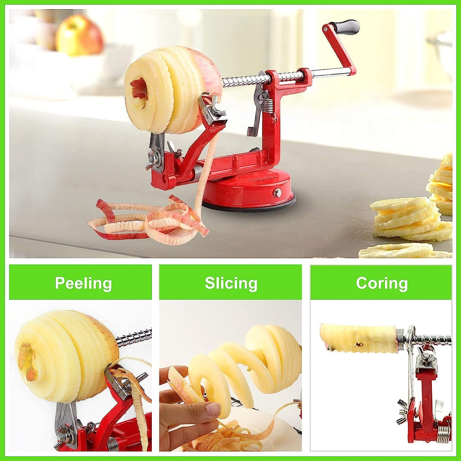 3 in 1 Apple Peeler Corer, Potato Pear Fruit Peeler Slicer Corer with Stainless Steel Blades and Powerful Suction Base, Kitchen Tool for Apple and Potato