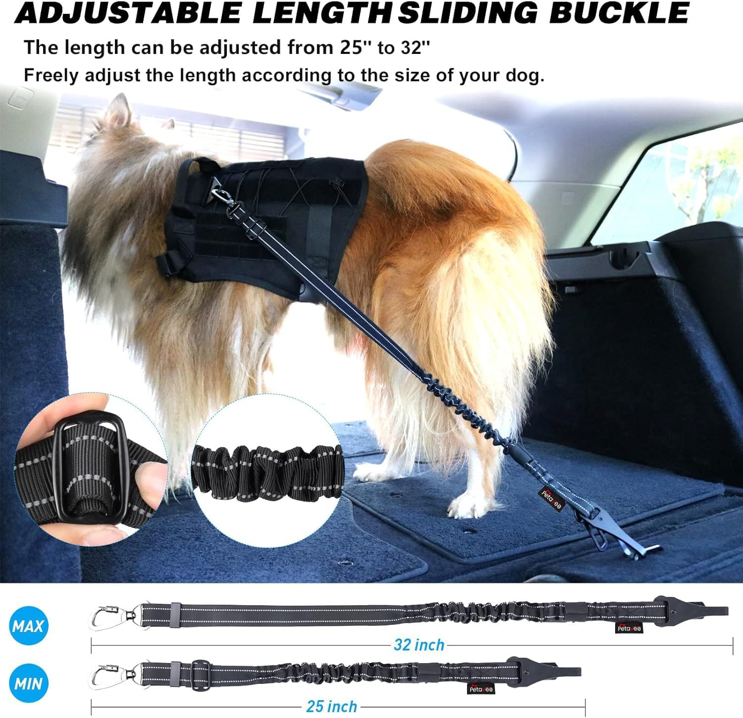 Petavee Dog Seat Belt for Car, Updated 3 in 1 Adjustable Dog Seat Belt for Car with Clip Hook Latch & Buckle, Heavy Duty Carabiner for Safe Travel, Black (25 to 32 Inches) image number 2