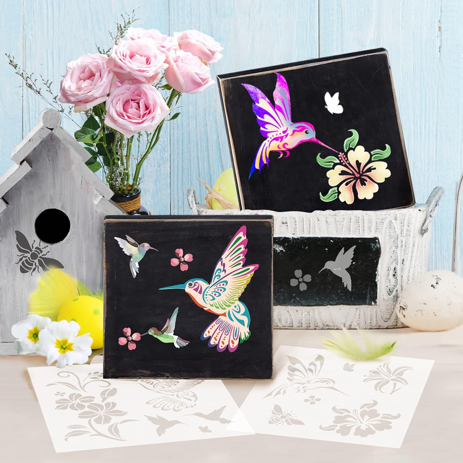GSS Designs Hummingbird Stencils for Painting (2 Pack) - Bird Floral Flower Bee Stencils for Painting on Wood Canvas Walls and DIY Craft Projects - Reusable Hibiscus Flower Stencil (12" X 12")