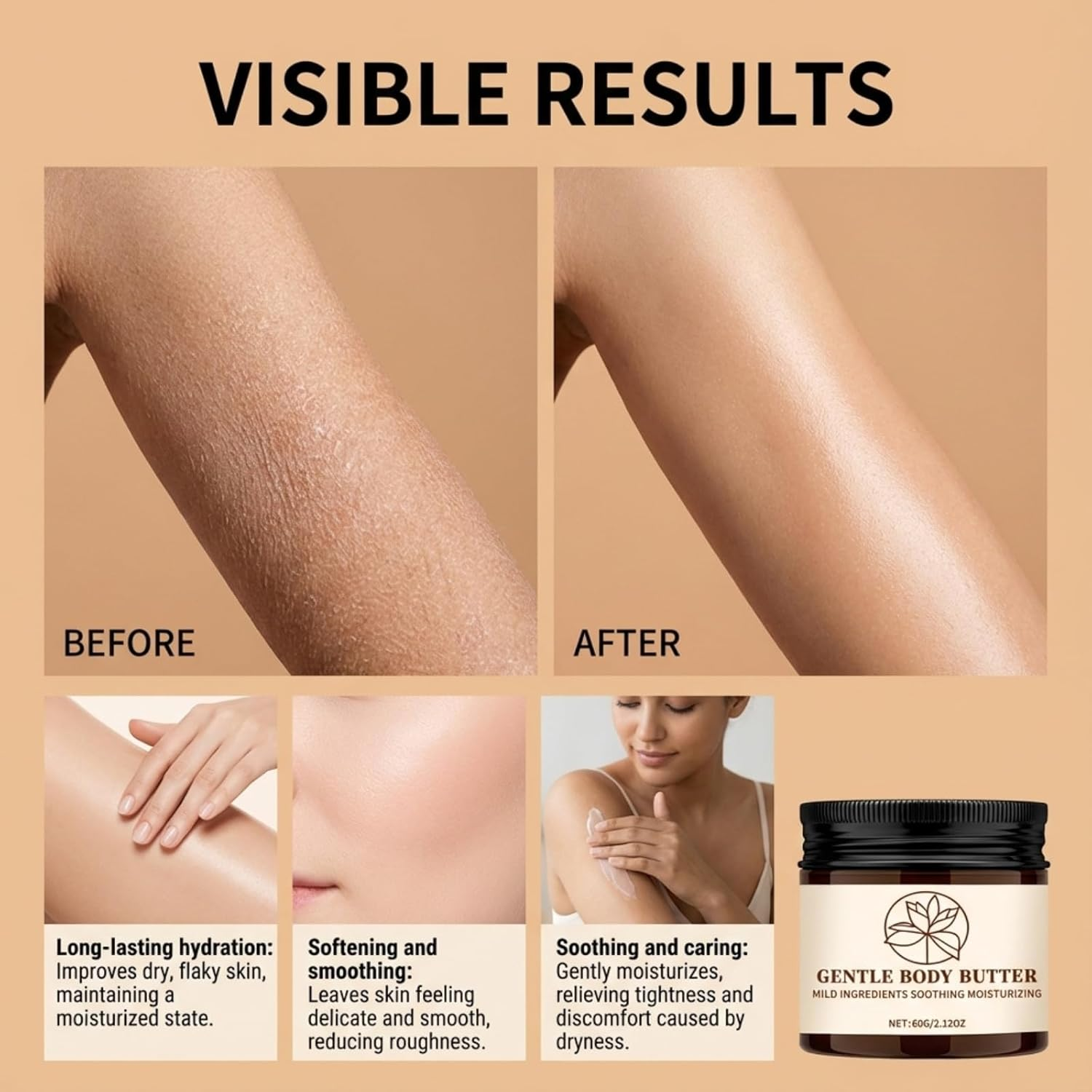 Gentle Body Butter for Dry Skin, Deep Moisturizing Body Cream with Mild Ingredients, Soothing Body Moisturizer for Sensitive Skin, Nourishing Skin Softening Body Butter for Daily Care, 60G (4Pcs)