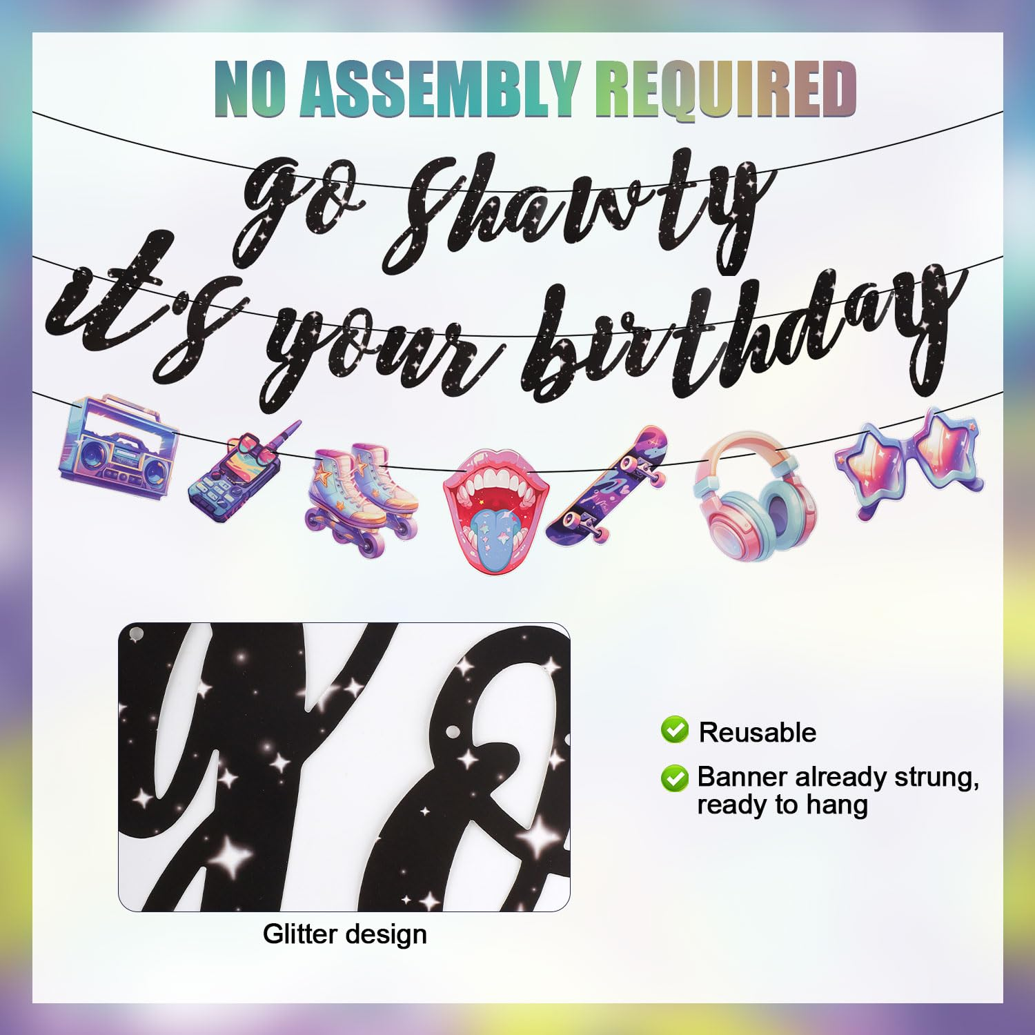 Go Shawty It'S Your Birthday Banner, Music Theme Birthday Banner Birthday Decorations Black Pre-Assembled Reusable Shiny Black Happy Birthday Banner for Birthday Parties image number 3