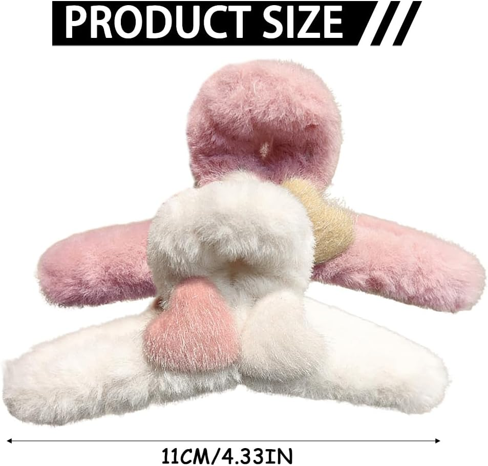 Cutitiuu 2 PCS Large Faux Fur Hair Claw Clip,Plush Heart-Shaped Grabber,Plush Hair Clips Fluffy Grab Clips Large Furry Shark Clips, Fluffy Fleece Catch Barrette Jaw Clamp (White + Pink) image number 5