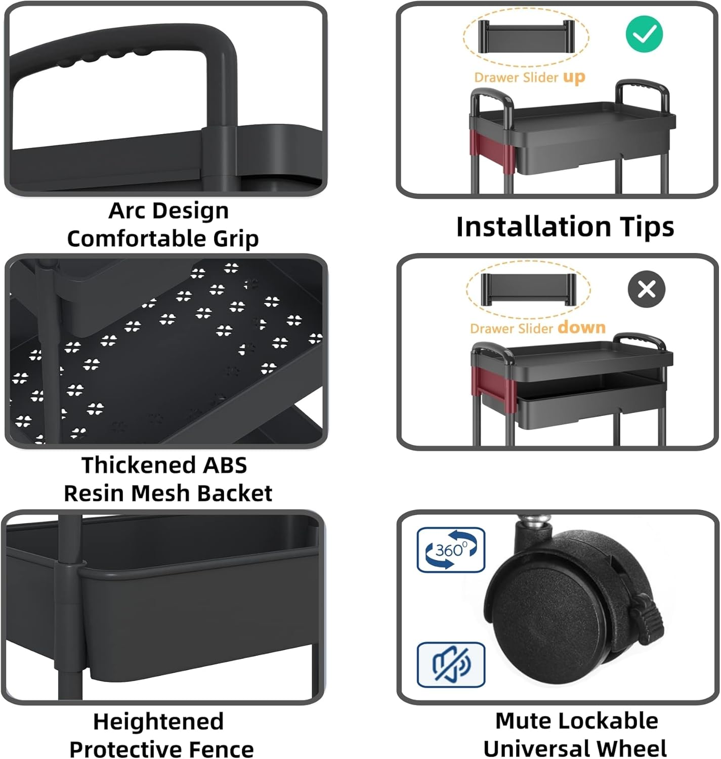 FORYUSE 3 Tier Rolling Utility Cart with Drawer Detachable Storage Organiser Shelf Trolley with Lockable Wheels, Handle, Hooks, Hanging Cups for Bathroom Kitchen Black