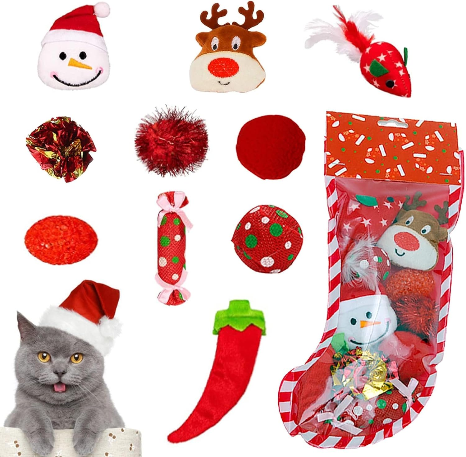 Septillar Cat Toys,10 PCS Cat Christmas Stocking Gift Set,Cat Toys for Indoor Cats Interactive Pet Cat Assorted Toys with Crinkle Ball Mice X-Mas Gifts Set for Kitten Kitty image number 1