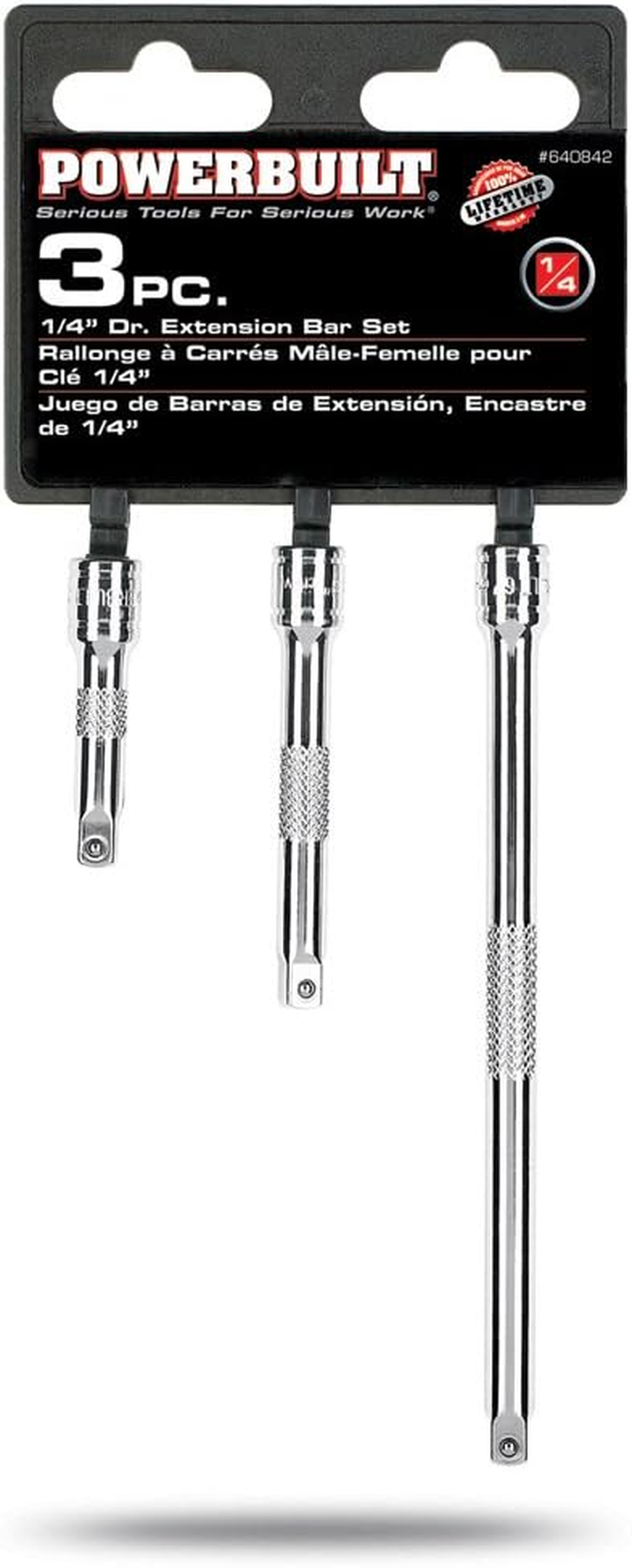 Powerbuilt 1/4" Drive Extension Bar Set, 3 Piece, Includes 2, 3, and 6 Inch Extensions, Use Ratchet to Reach, Non-Slip Grip 640842