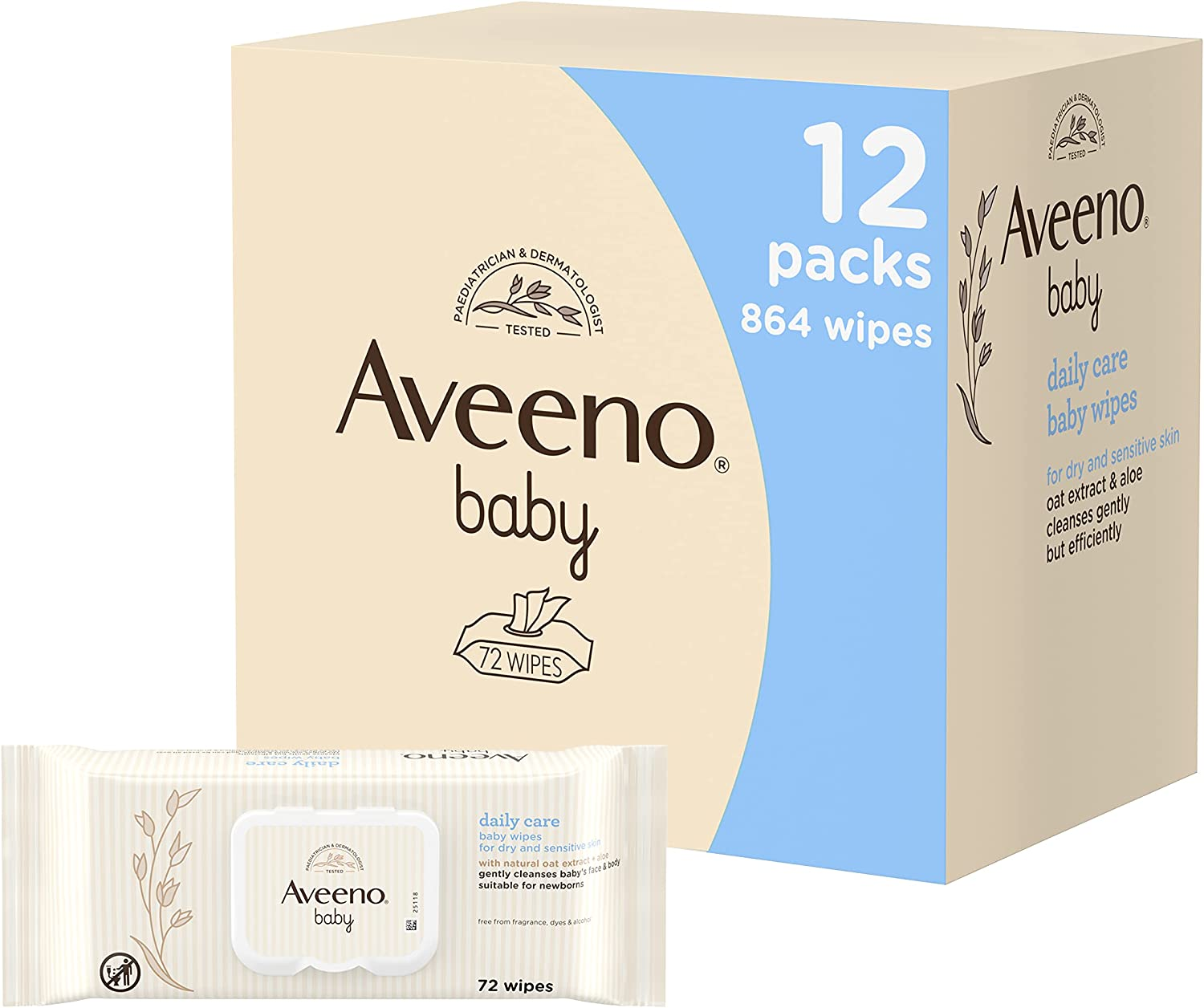 Aveeno Baby Wipes (Daily Care) - Pack of 12 (864 Wipes in Total) (Pack of 1) image number 6