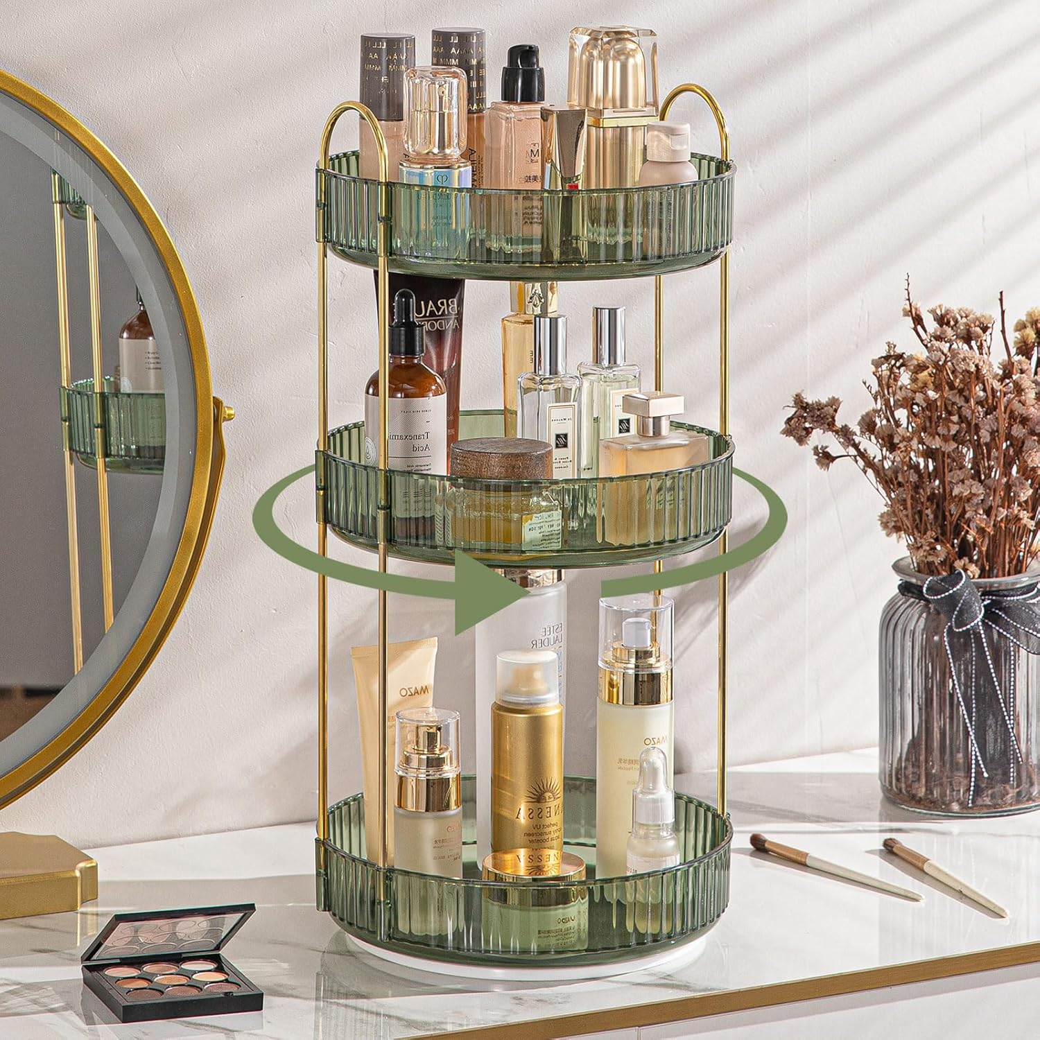 Shuang Qing Rotating Makeup Organizer for Vanity 2 Tier, High-Capacity Skincare Clear Make up Storage Perfume Organizers Cosmetic Dresser Organizer Countertop 360 Spinning （Green）, (HZPSNLS001)
