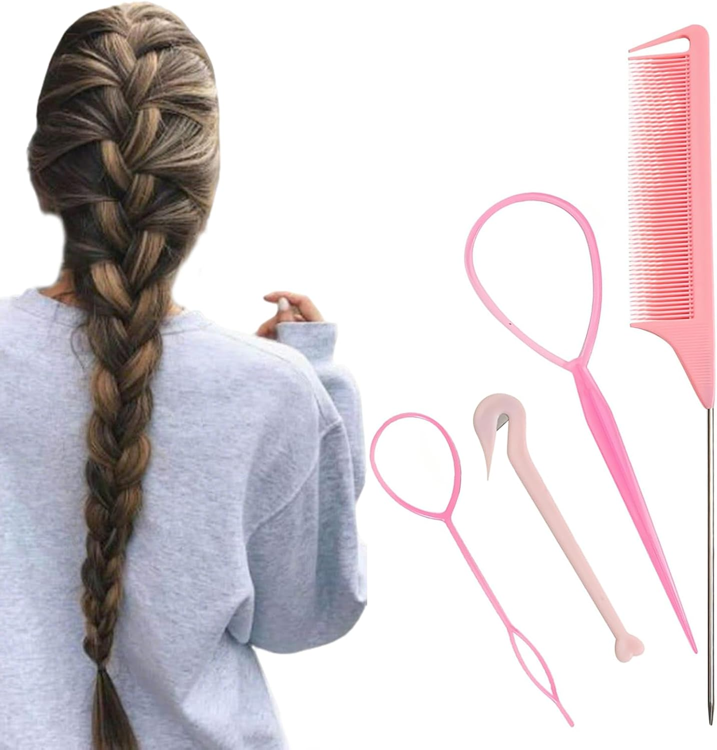 ONBPIY Topsy Tail Hair Tool 4-Piece Hair Styling Kit with French Braid Maker and Rubber Band Remover, Hair Bun Maker and Ponytail Loop Tool for Girls and Women