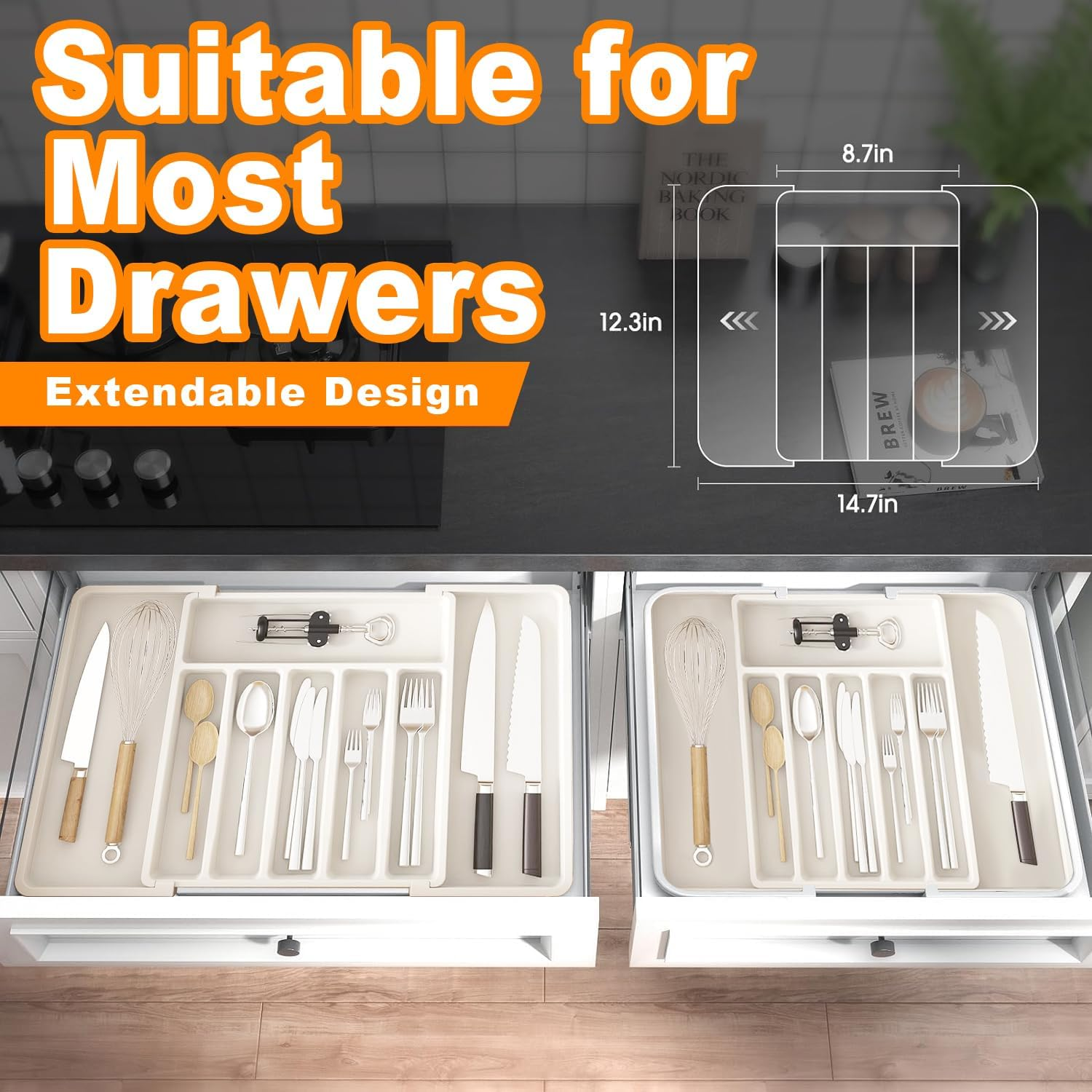 Utensil Drawer Organizer, Expandable Utensil Tray for Kitchen, Adjustable Flatware and Cutlery Holder, Compact Plastic Storage for Spoons Forks Knives (White) - Black image number 5