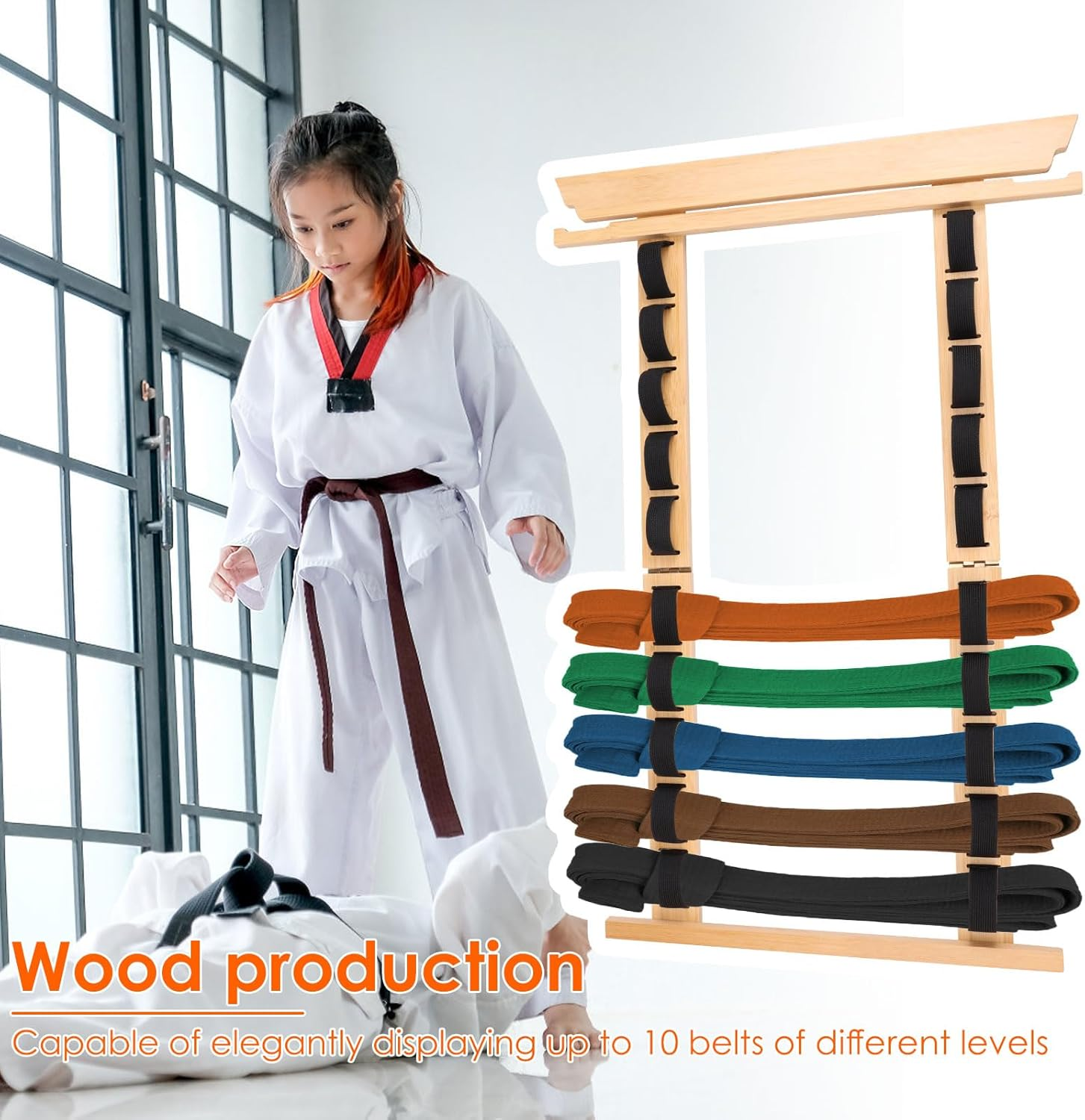 Fwqofvk 10 Tiers Wood Karate Belt Display Rack with Medal Hanger and Stickers, Easy Hanging Taekwondo Belt Display Holder for Kids and Adults image number 1