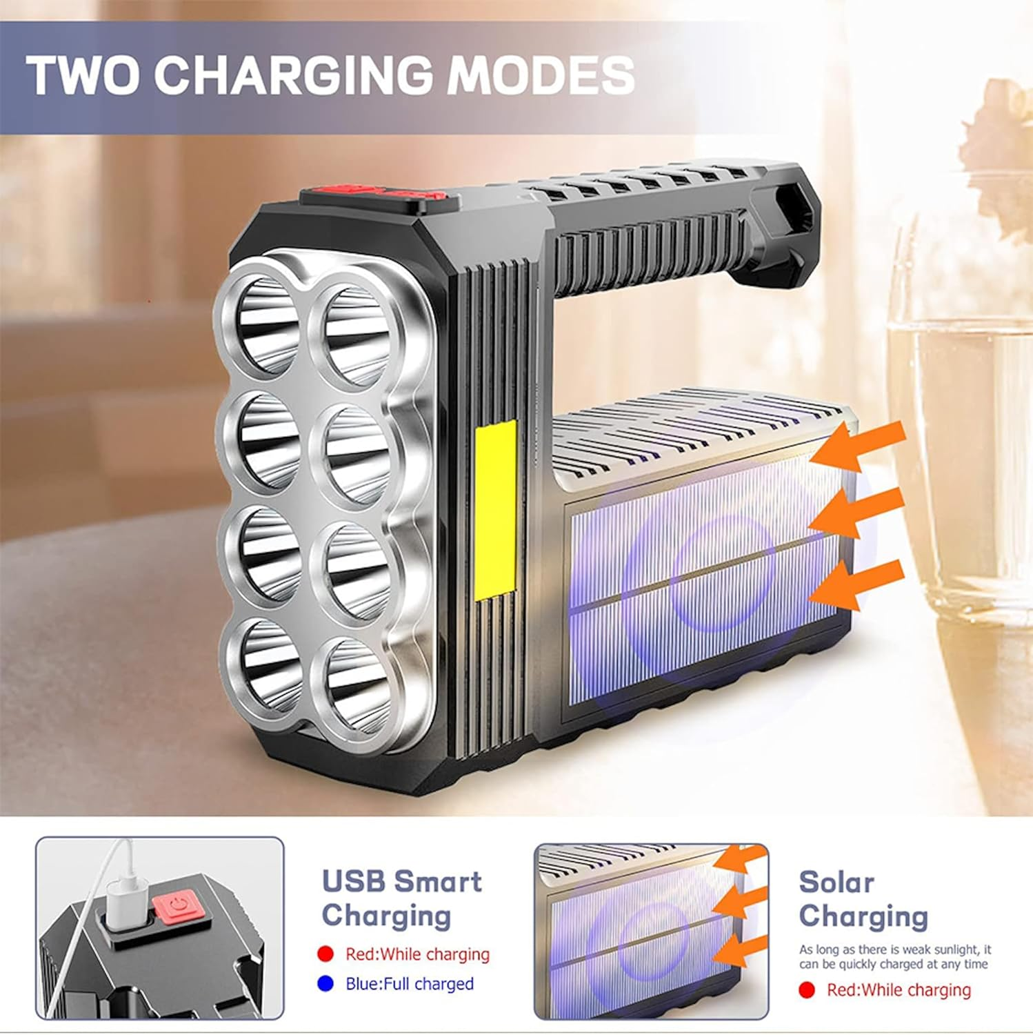 Mega Power 8 LED Solar Handheld Torch - Super Bright Rechargeable Portable Flashlight - Powerful Work Equipment - Bright Light for Camping Home Work Use Emergency Lamp - Indoor or Outdoor Spotlight image number 2