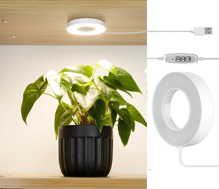 LED Grow Light for Indoor Plants, Ceiling LED Halo Plant Light Full Spectrum, 3/9/12H Timer, 4 Brightness Levels, 5V Growing Lamp Growing Lamp,Ideal for Small Plants (3-In-1)