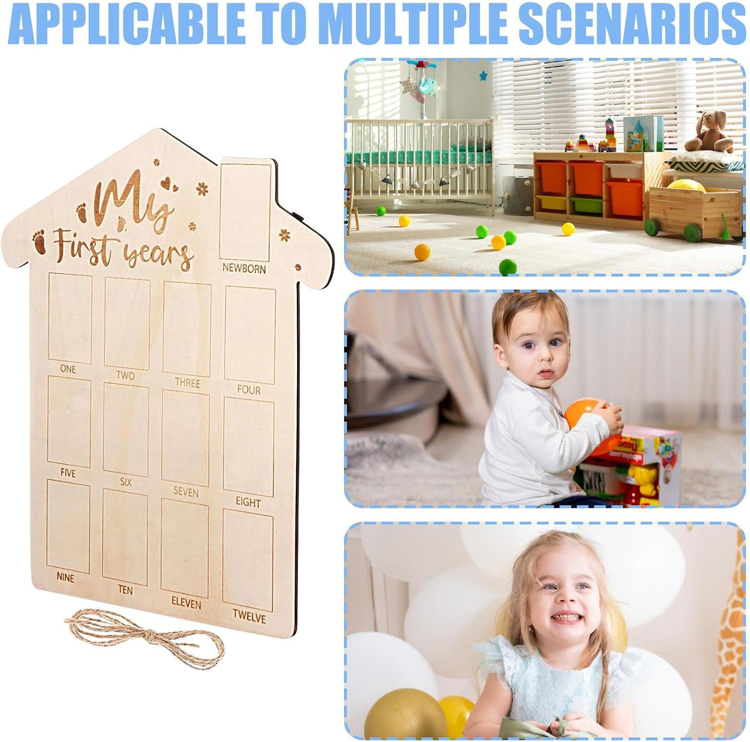 Newborn Frames - Wooden Monthly Garland First Birthday Timeline | Decorative Memory Banner with Clips for Baby Photo Showcase, Room Ornament, Mo