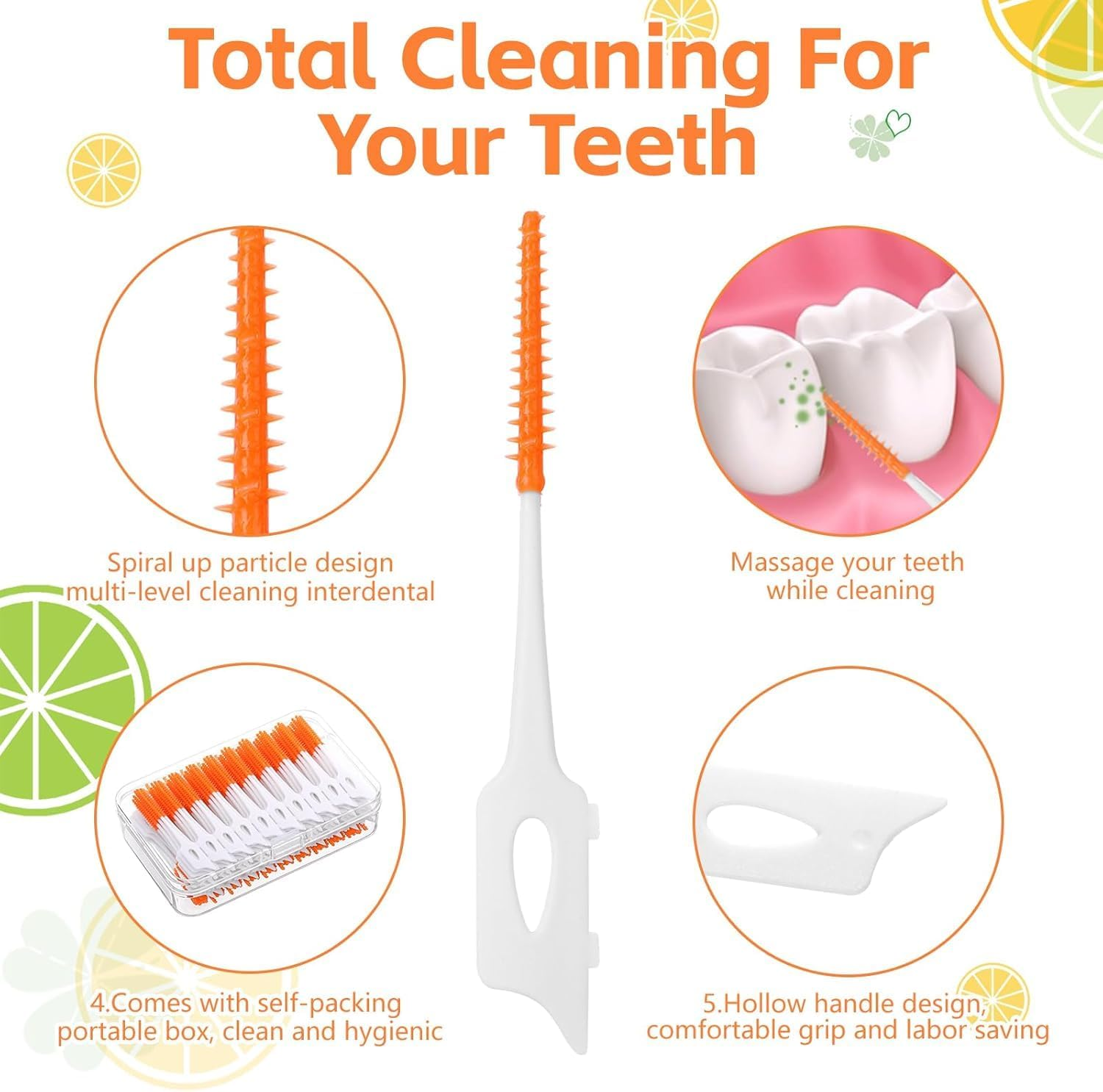 Dental Floss Picks Soft Interdental Brush, Braces Brush, Floss Picks for Teeth, Disposable Interdental Brush, Suitable for Cleaning Teeth Health (Orange)