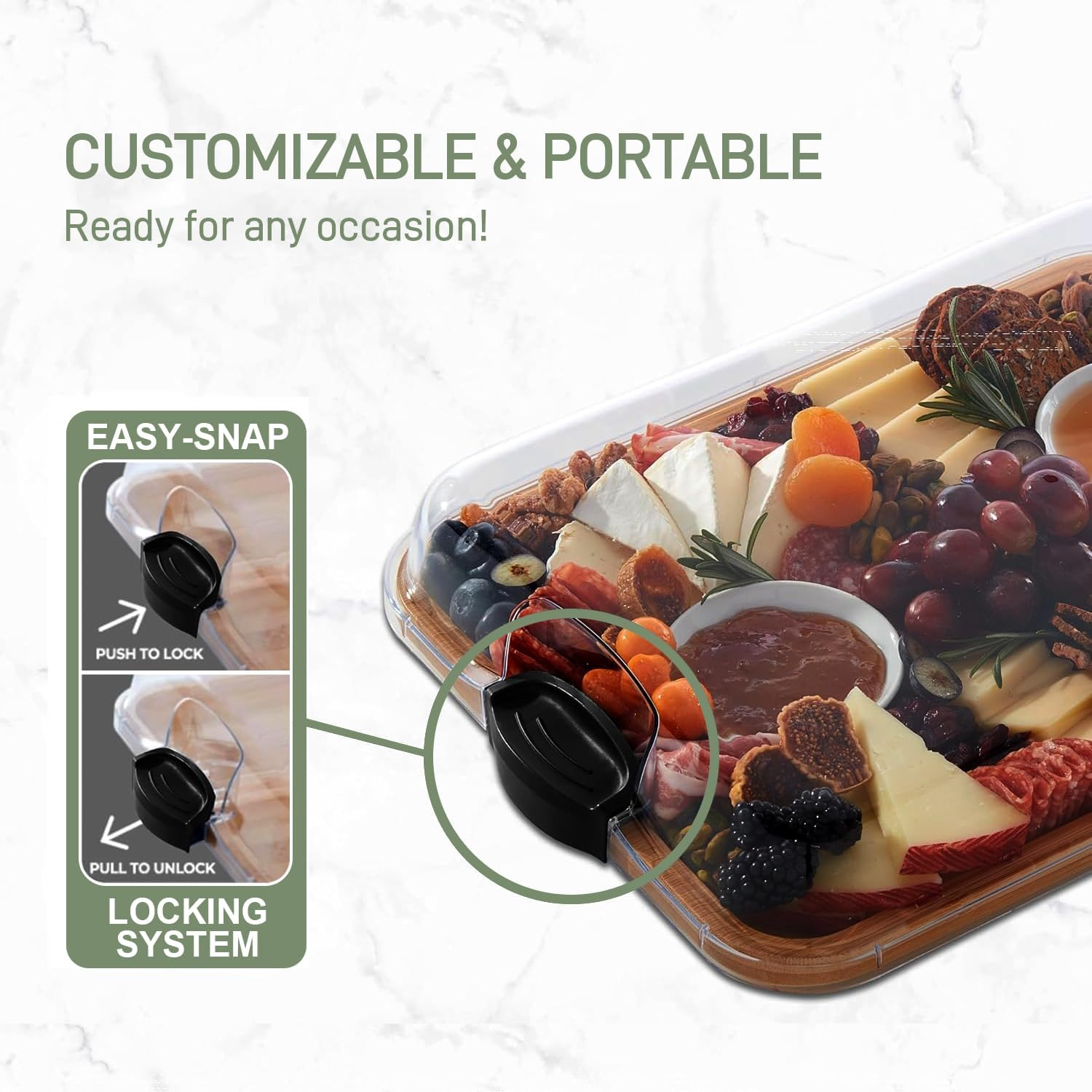 Premium Charcuterie Board - Bamboo Cheese Board, Cheese Board with Clear Locking Lid, Serving Platter Tray for Food Lovers and Parties,Elegant Fruit Tray for Housewarming, Wedding or Engagement image number 3