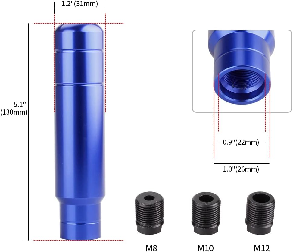 BARTOO Aluminum Alloy Heavy Weighted Shifter Knob, 5" Auto Gear Shift Knob, Car Gear Lever Stick Shifter Handle,With 3 Threaded Adapters M8 M10 M12,Fit Most Automatic Manual Vehicle (Blue) - Blue image number 4