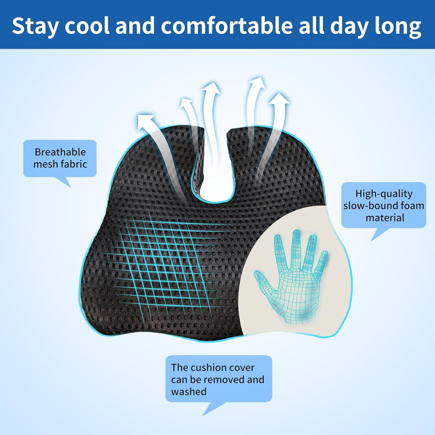 Memory Seat Cushion for Office Chair Pressure Relief Sciatica & Tailbone Pain Relief Memory Foam Firm Coccyx Pad for Long Sitting, for Office Chair, Car Seat，Washable Cover (Black Mesh) - Black image number 5