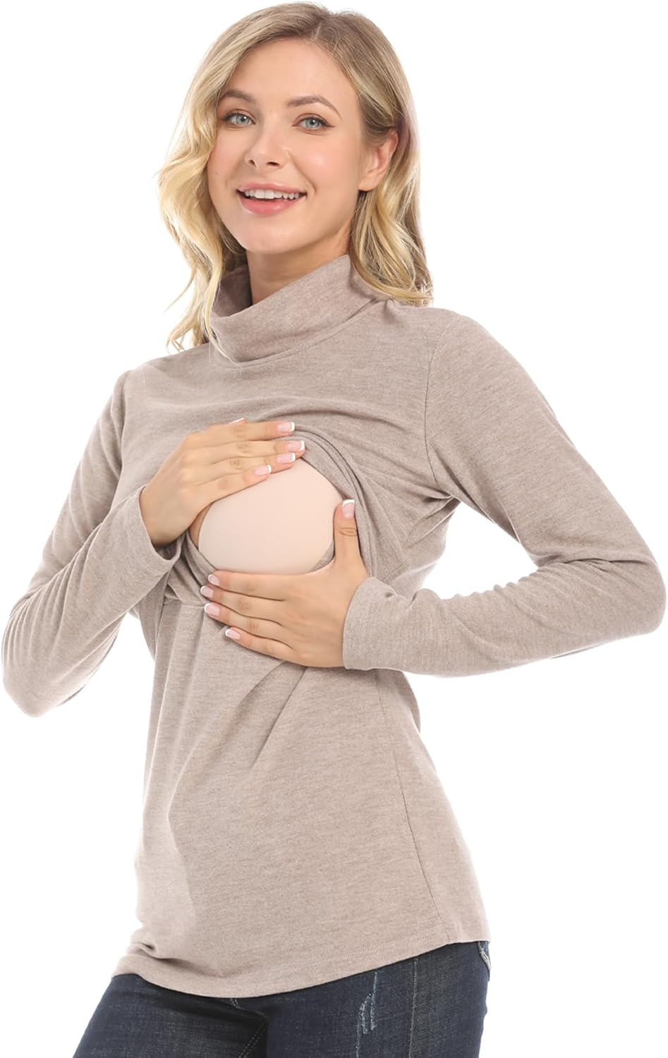 KEOYA Women'S High Neck Maternity Sweatshirt Nursing Top Shirt for Breastfeeding Solid Long Sleeve Undershirt image number 5