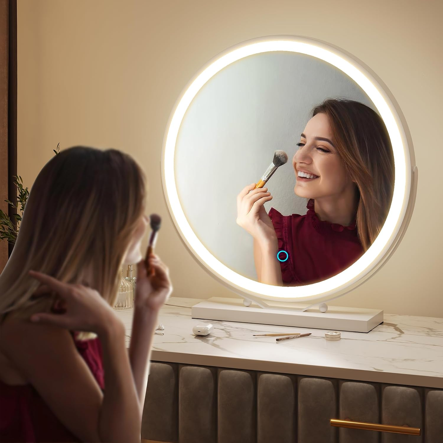 ZKIODV round Vanity Makeup Mirror with Light, 48 X 52 CM LED Lighted Mirror with Dimmable 3 Color Lights, Large Circle Desk Mirror, 360&deg; Light up Mirror for Dresser, Tabletop, Bedroom, White